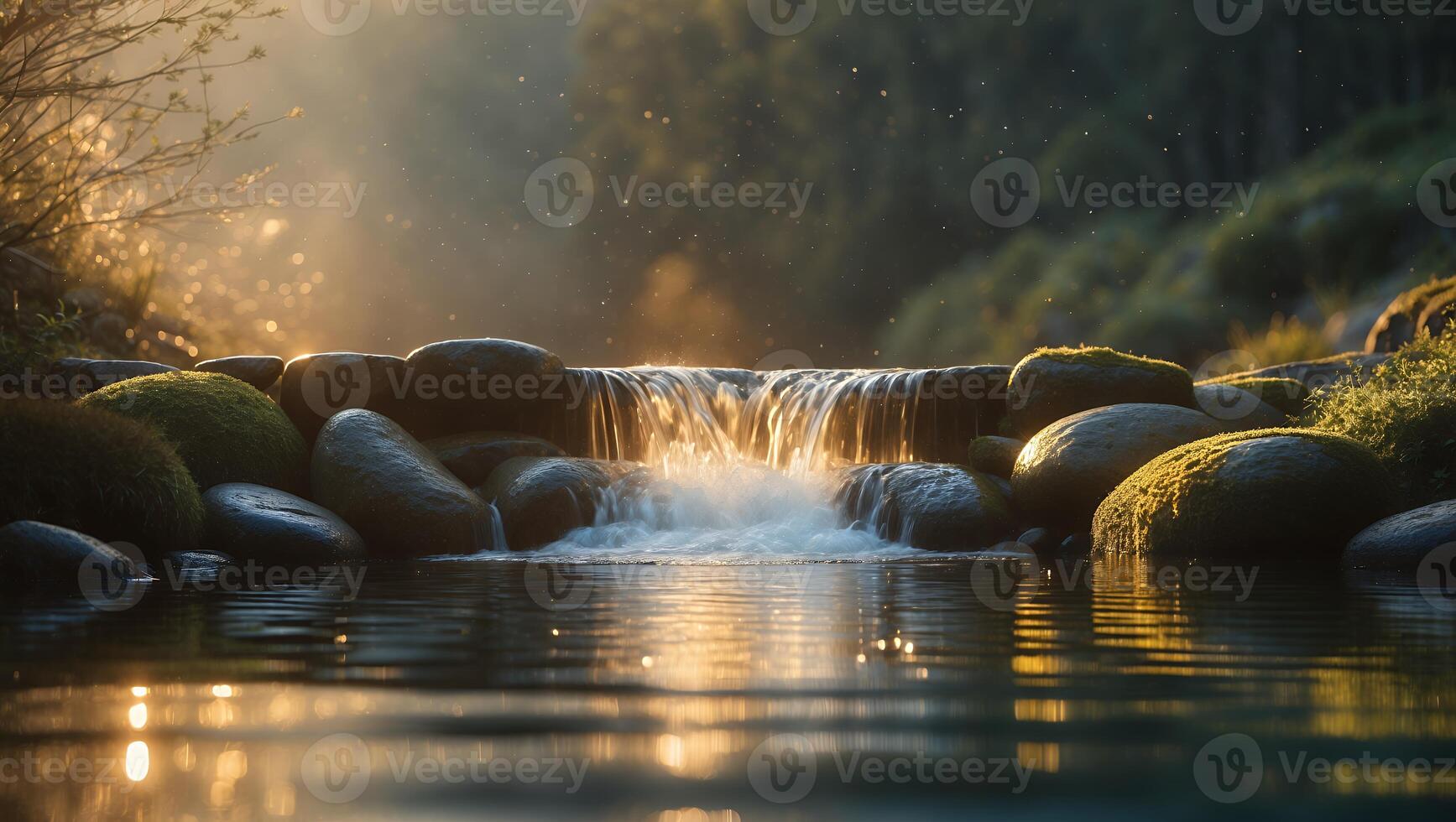 Small Waterfall Over Rocks with Moss in River photo