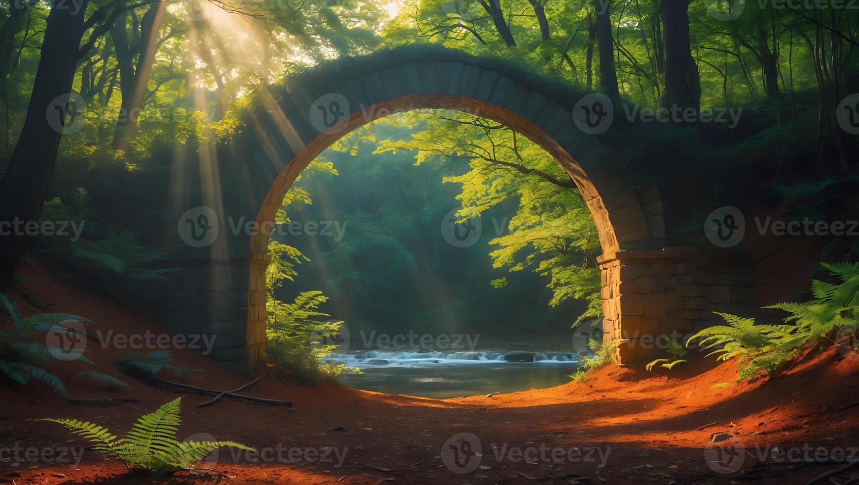 Stone Arch in Forest with Sunlight and Flowing Water Stream photo