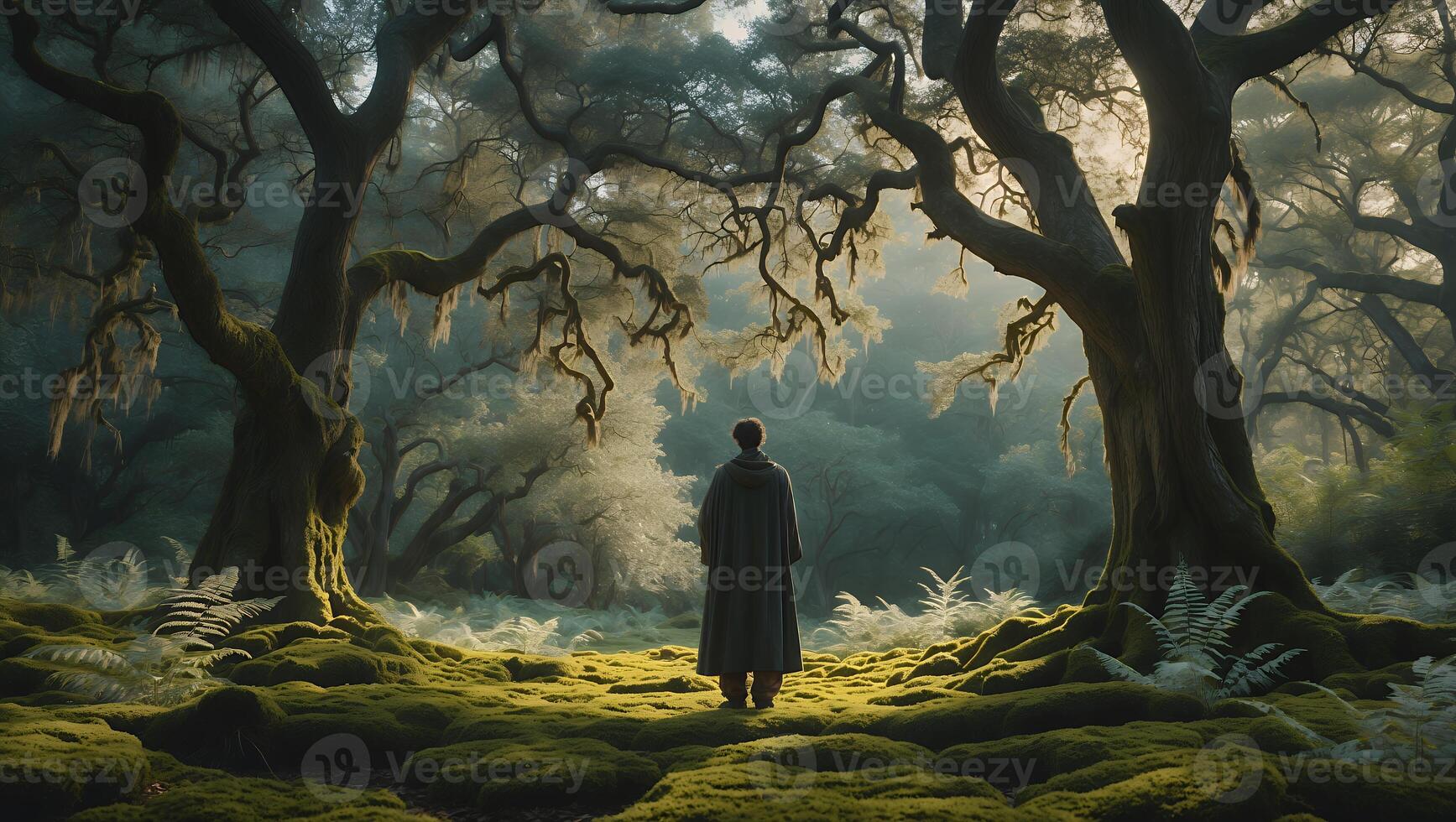 Person in Cloak Walking Through Forest Landscape photo