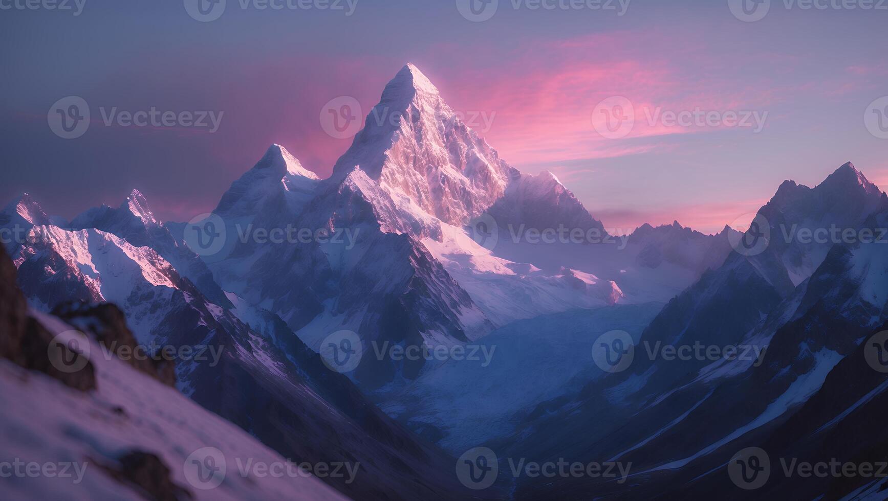 Snowy Mountain Range at Colorful Sunset photo