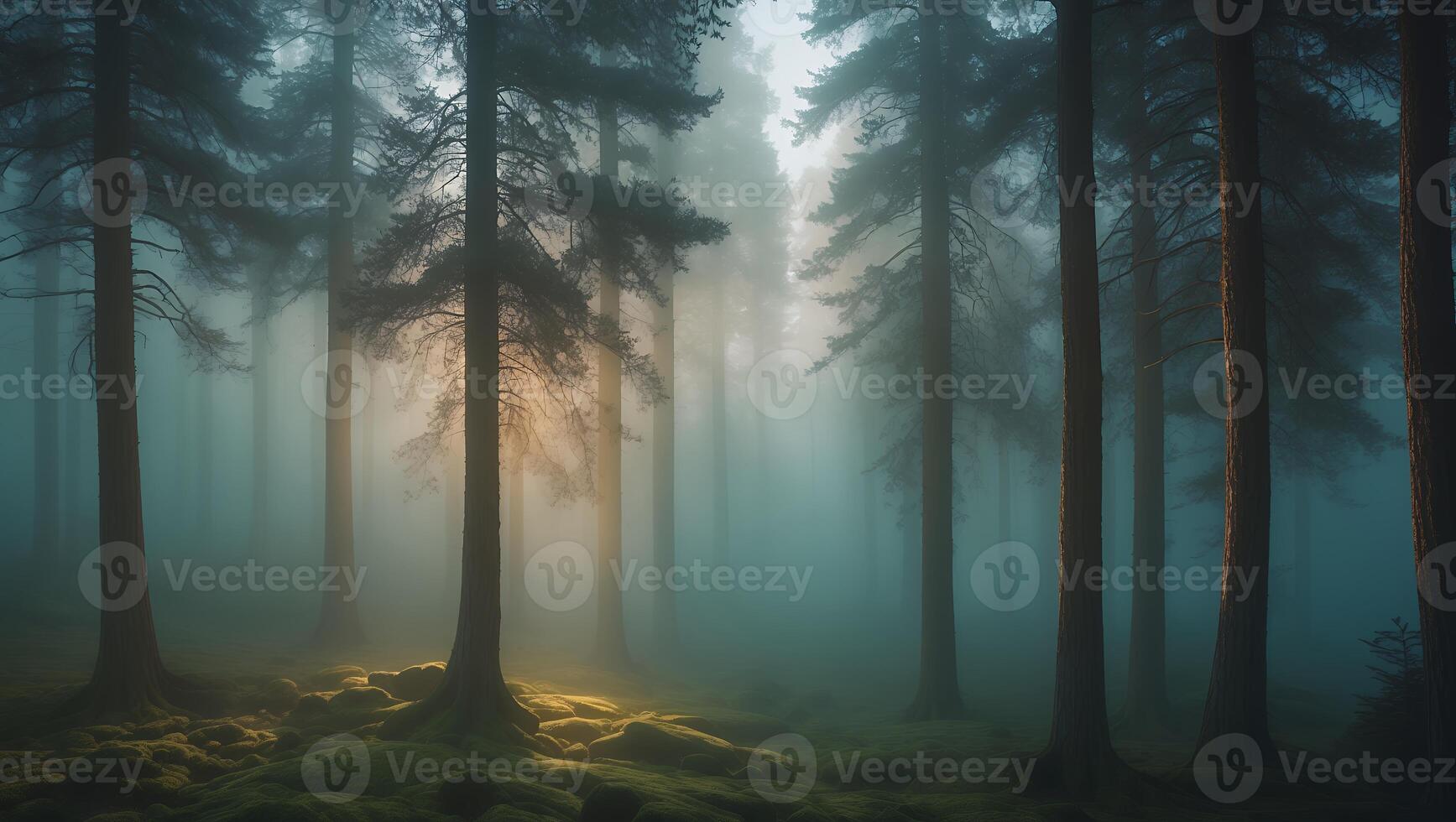 Foggy Forest with Tall Trees and Sunlight photo