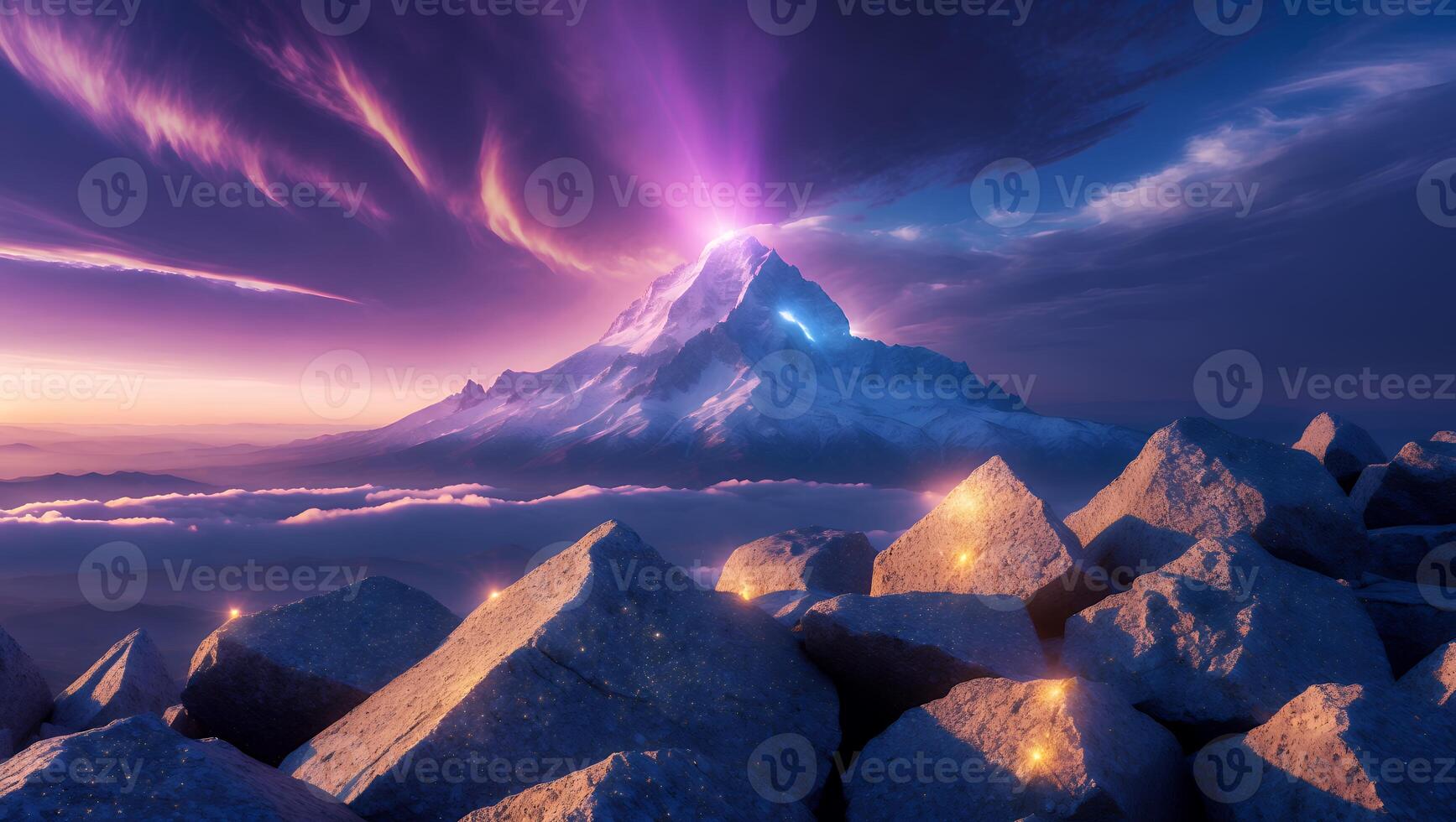 Majestic Mountain Peak with Purple Glow and Dramatic Sky photo