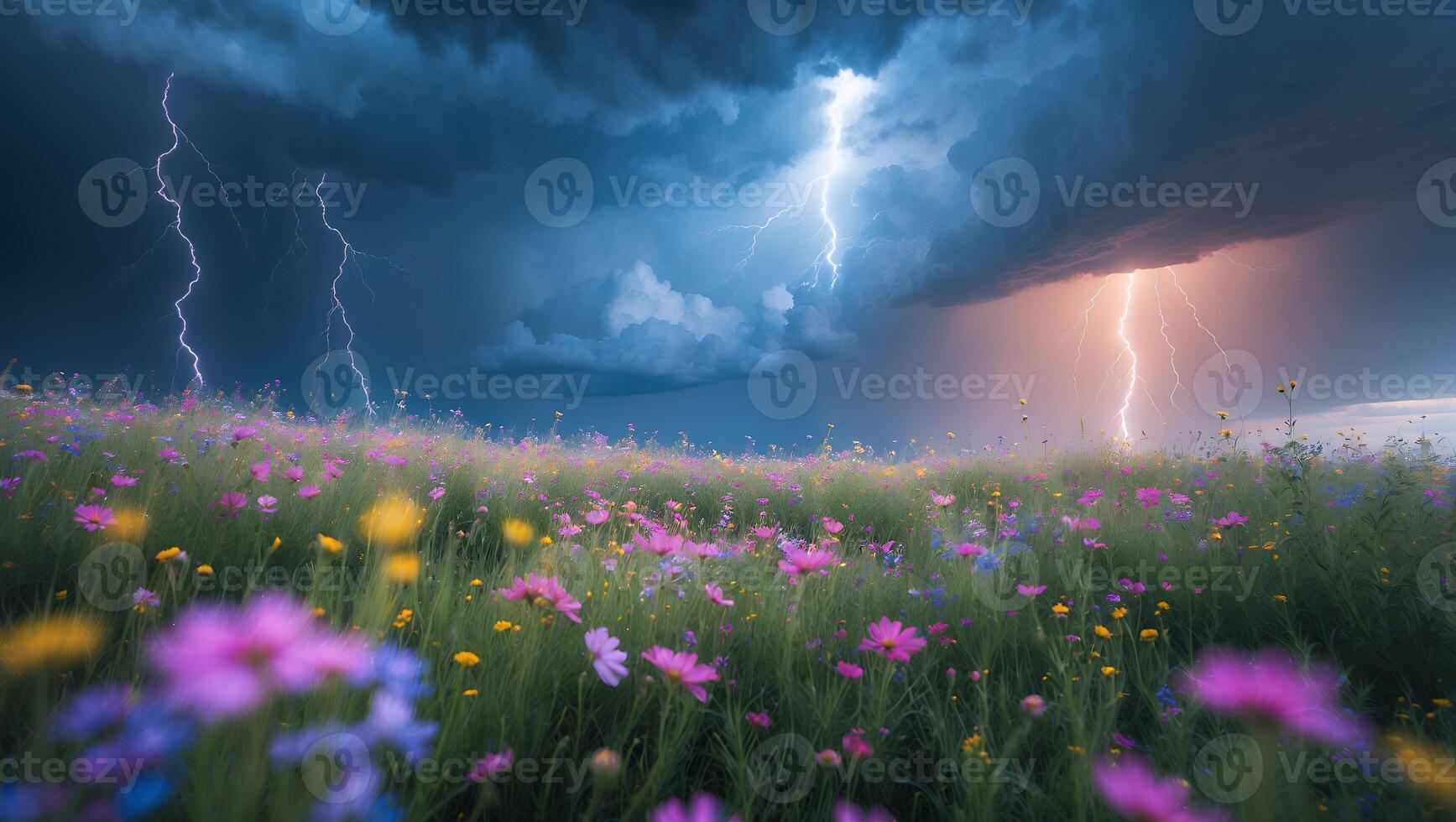 Flower Field with Lightning Storm Under Moody Sky photo