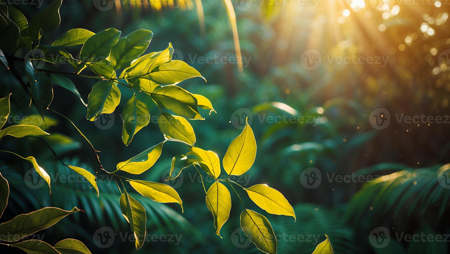 Green Leaf in a Forest with Sunlight Shining Through the Trees photo