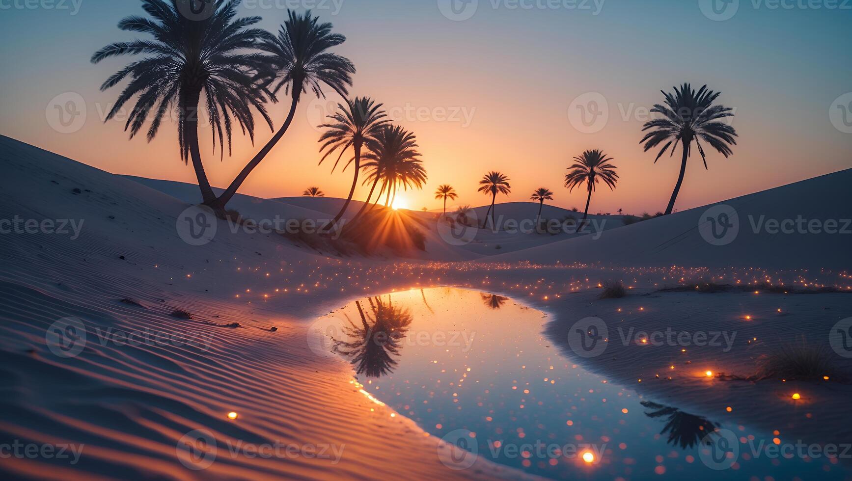 Palm Trees on Sand Dune at Sunset with Pond Reflection photo