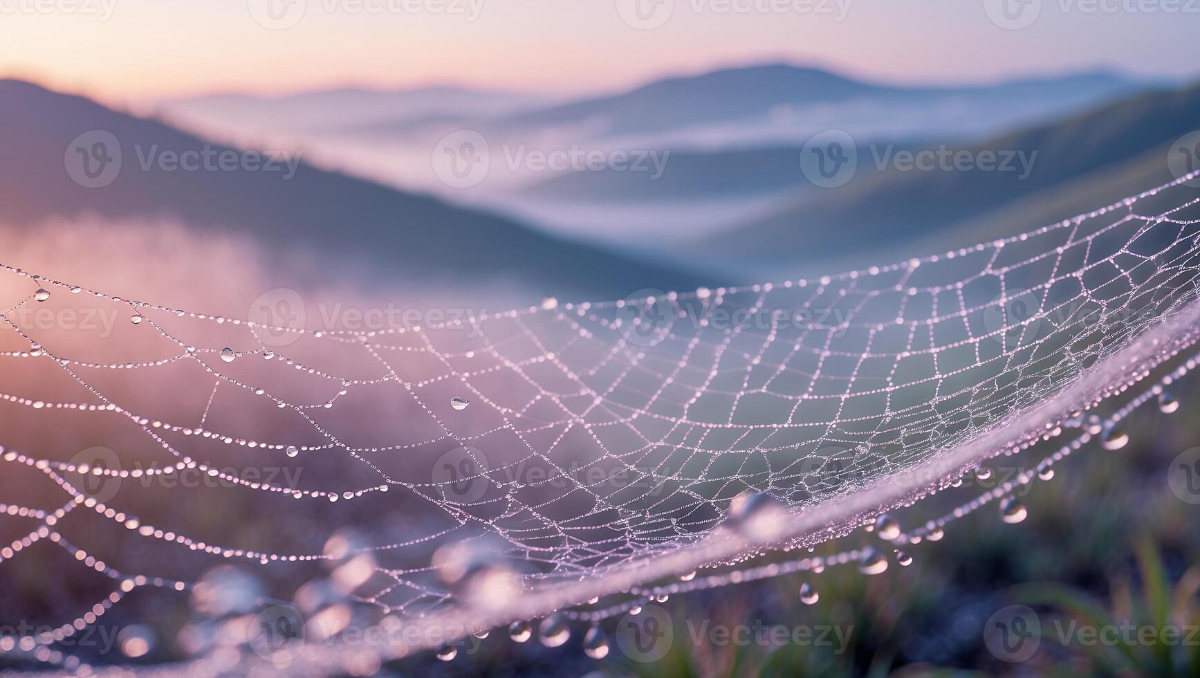 Dew Covered Spider Web in a Mountain Landscape at Sunrise photo