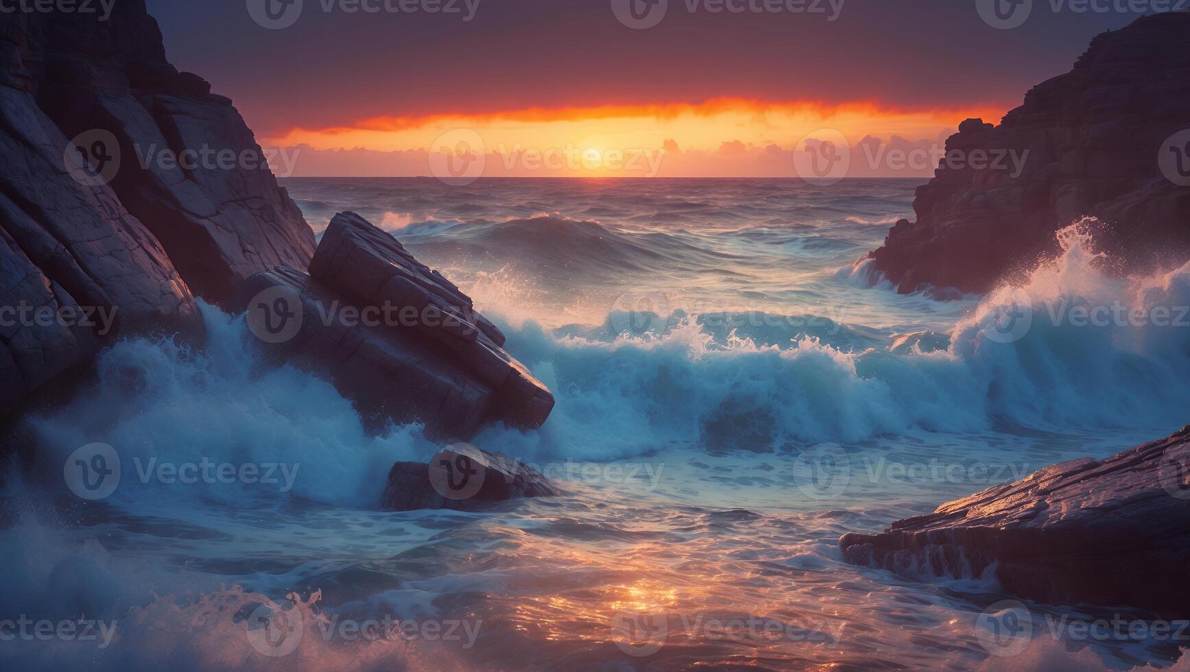 Ocean Waves Crash on Rocks at Sunset photo