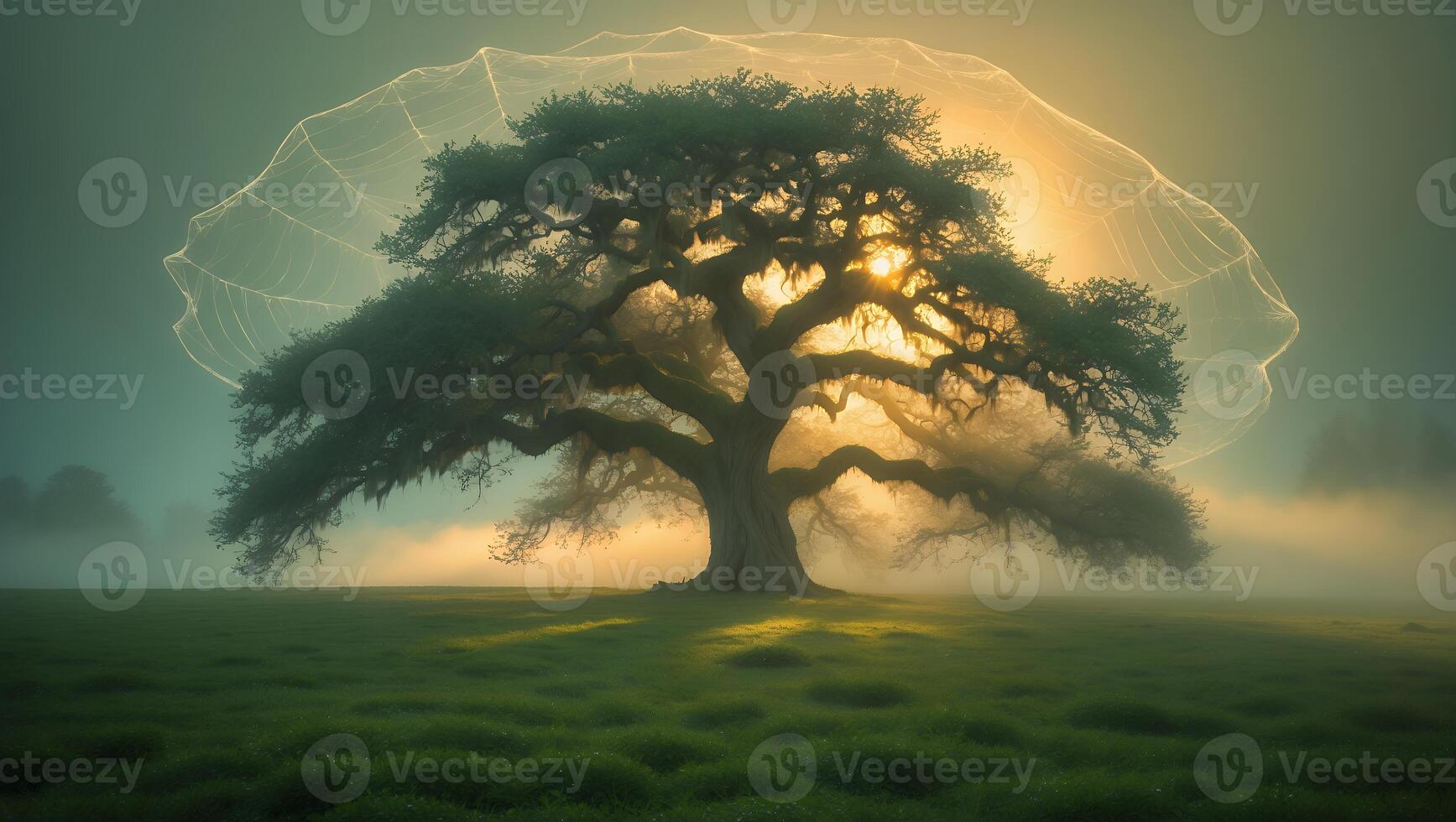 Large Tree in a Misty Field at Sunset photo