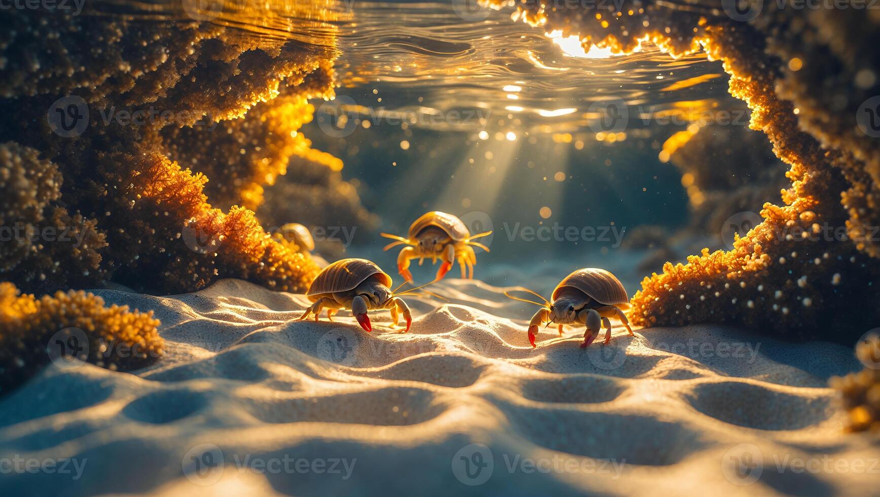 Underwater Scene of Three Crabs on Sandy Beach photo