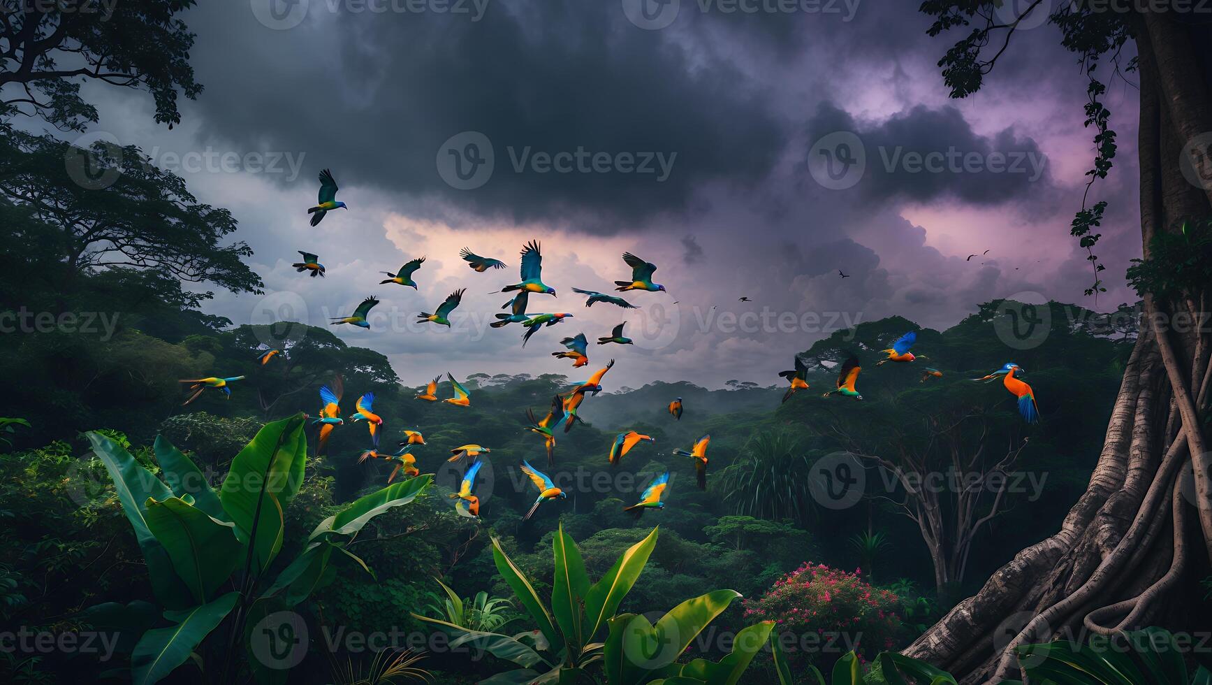 Parrots Flying Over Jungle Landscape photo