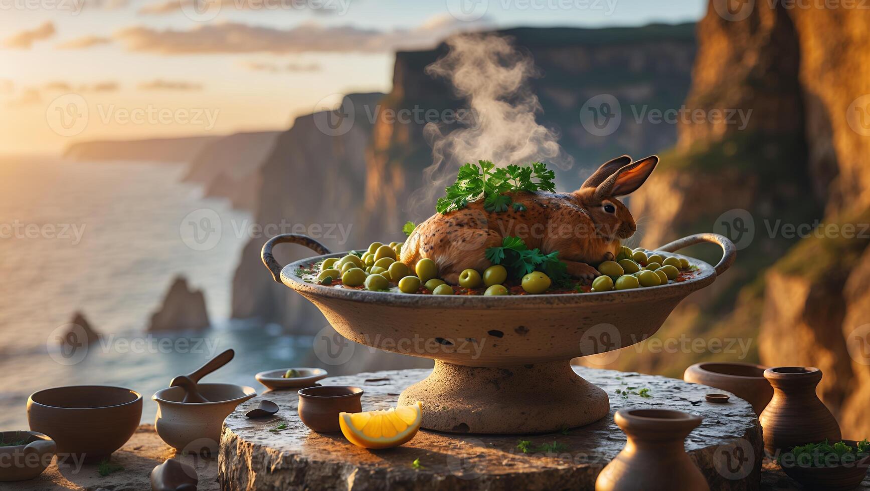Hare on Olives with Parsley in Bowl on Stone Table Near Seaside photo