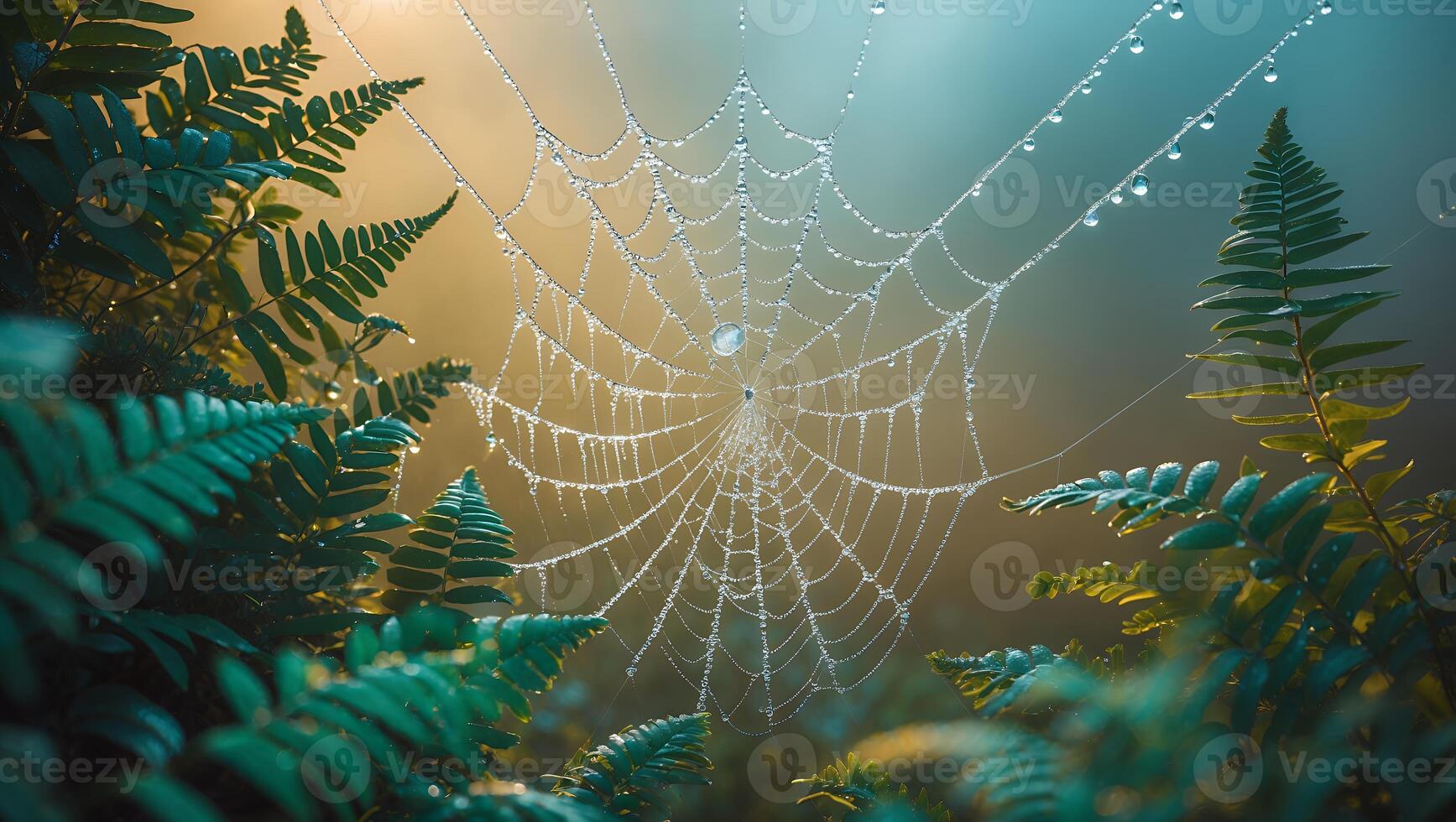 Spider Web Covered in Dew Hanging Between Ferns photo