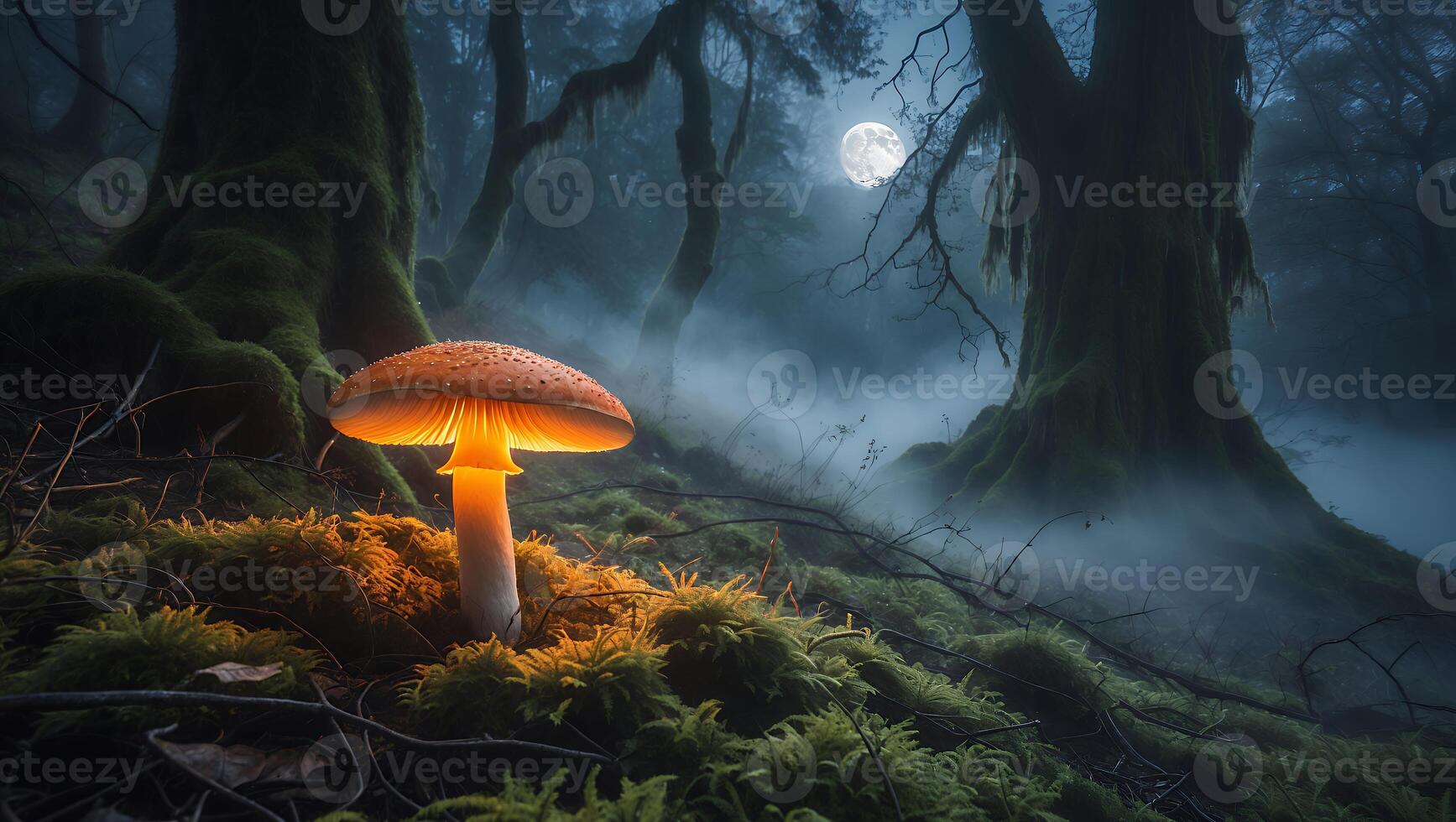 Glowing Mushroom in Foggy Forest Under Moon photo