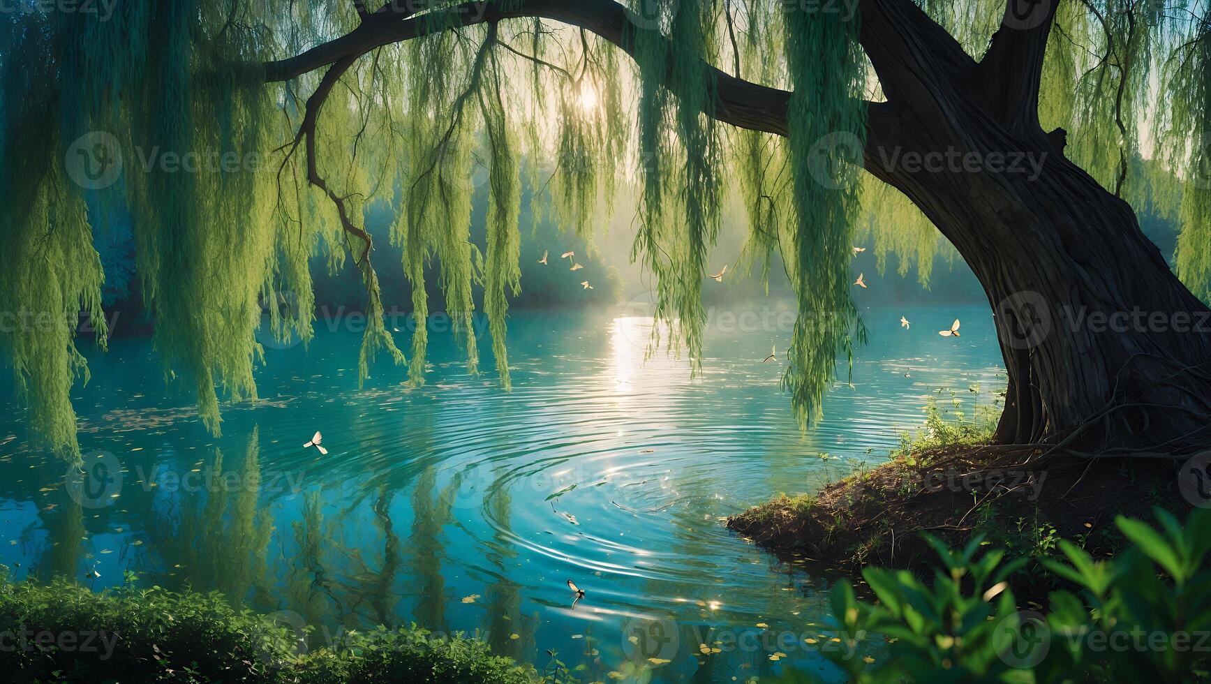 Willow Tree Near Peaceful Water Surface with Birds Flying photo