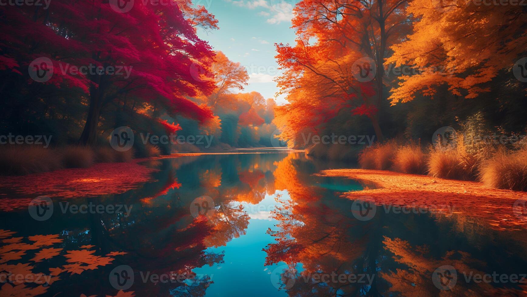Autumn Foliage Reflecting in Lake Water photo