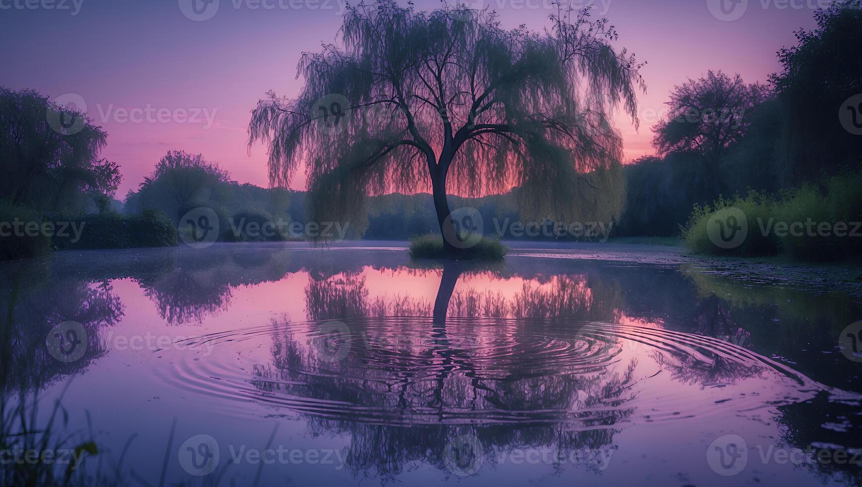 Willow Tree in Water Reflecting Pink Sky at Sunset photo