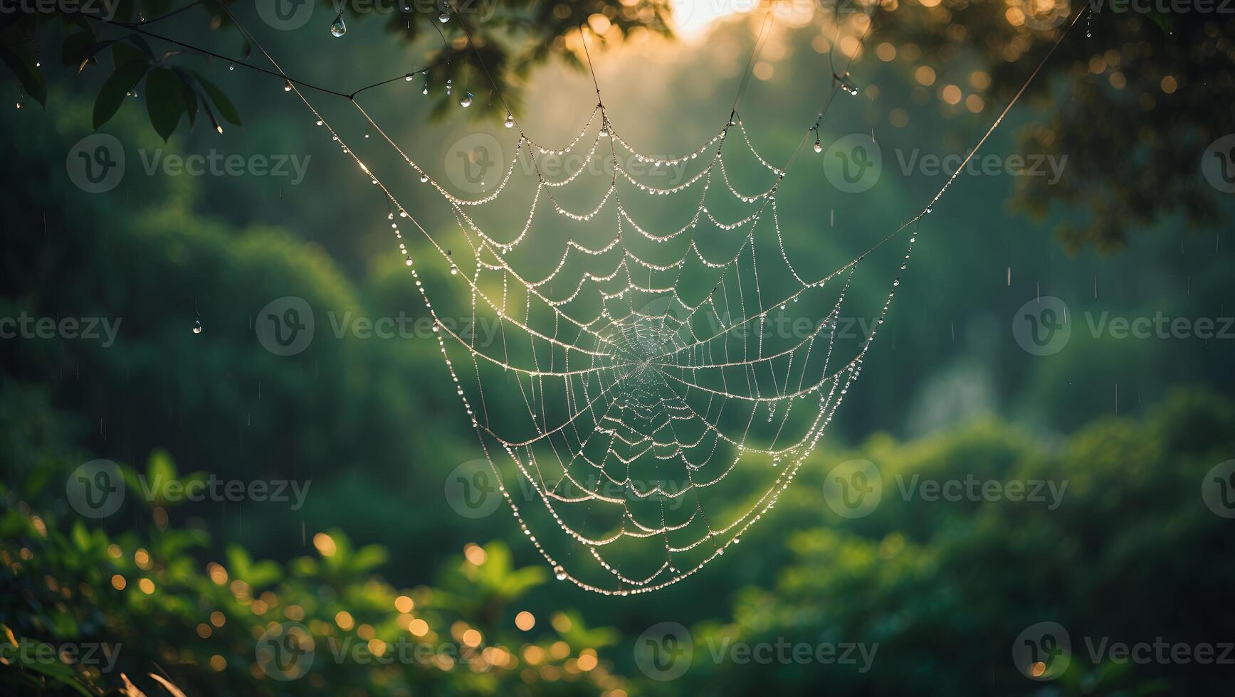 Spiderweb Covered in Dew Hanging in Forest photo