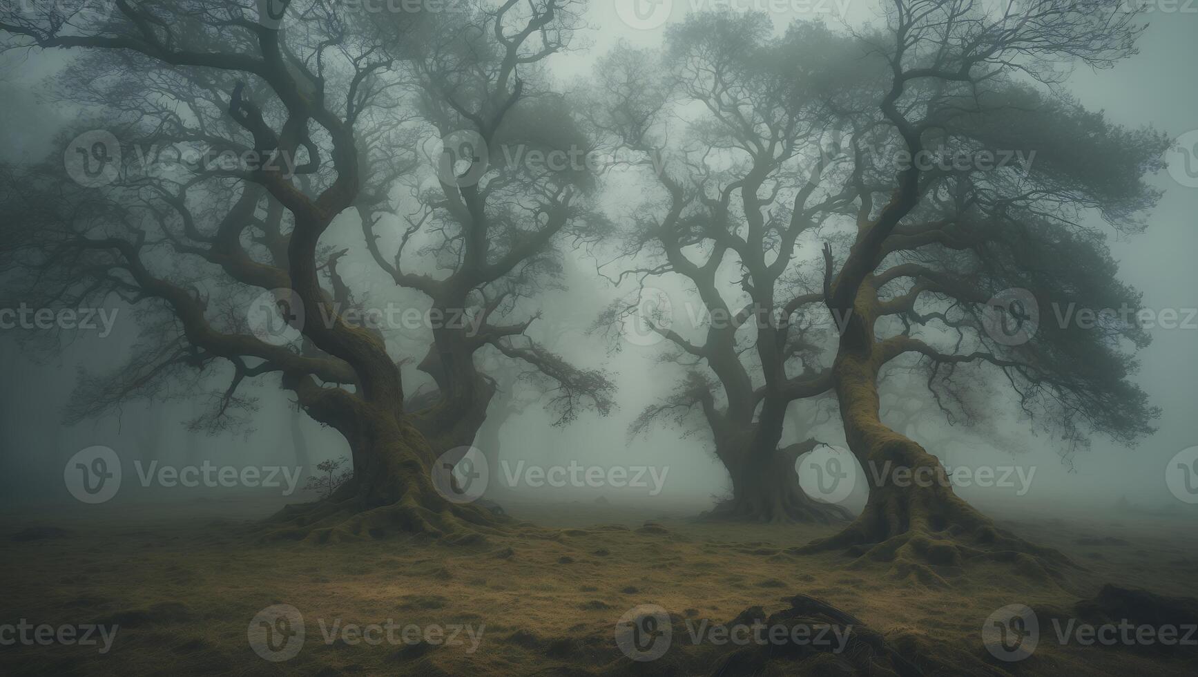 Foggy Forest Landscape with Old Trees photo