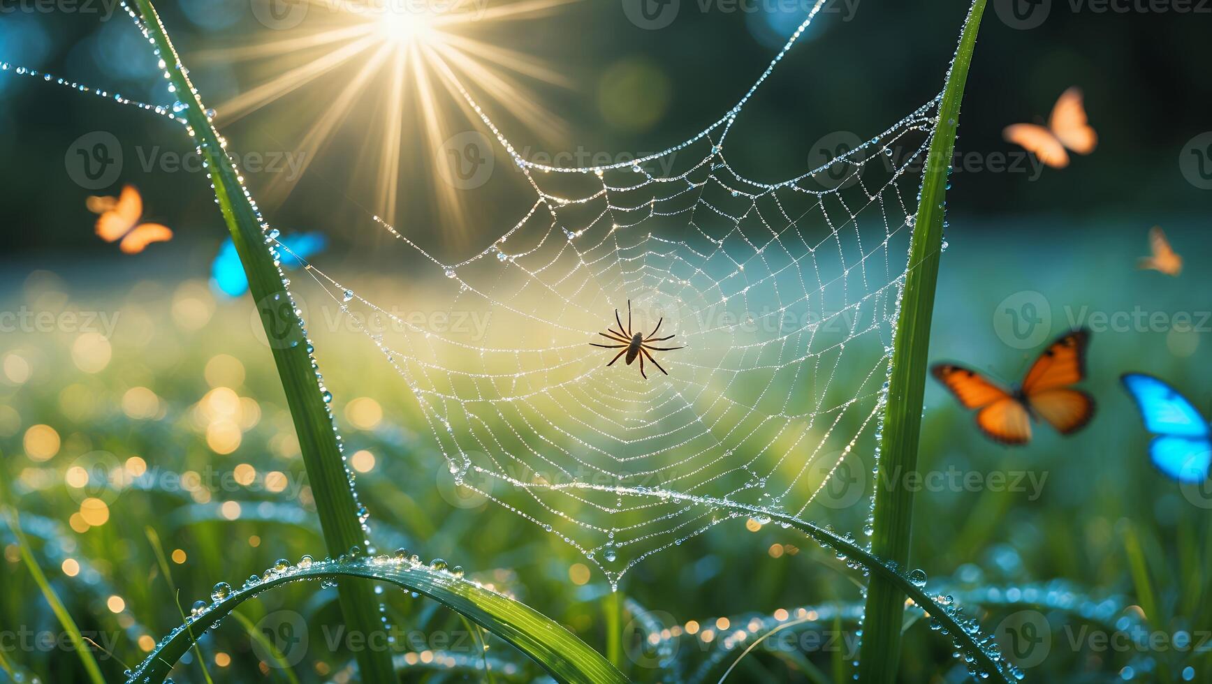 Spider on Web with Dew Drops and Butterflies photo