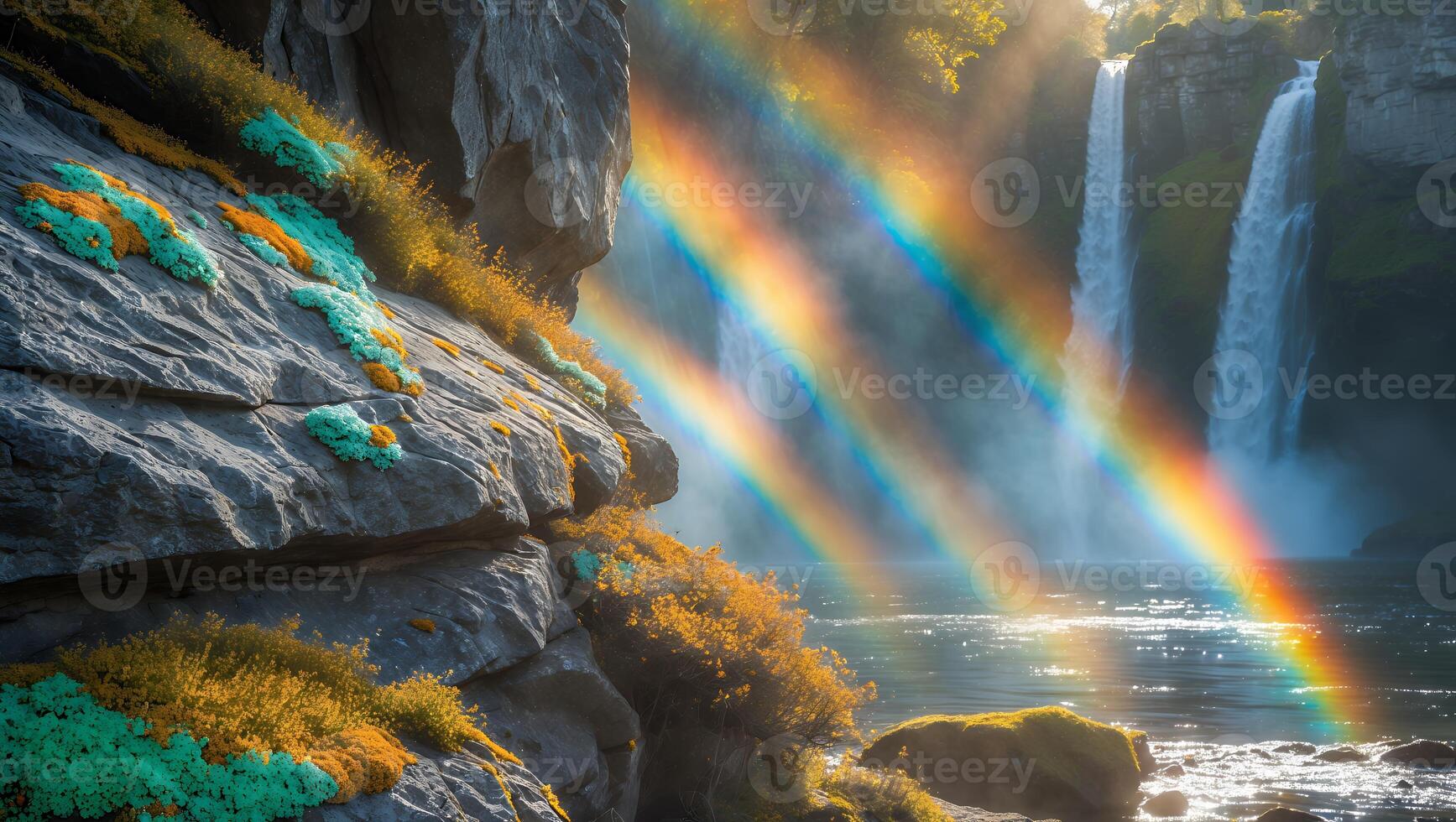 Waterfall and Rainbow in Nature Landscape with Rocky Cliff photo