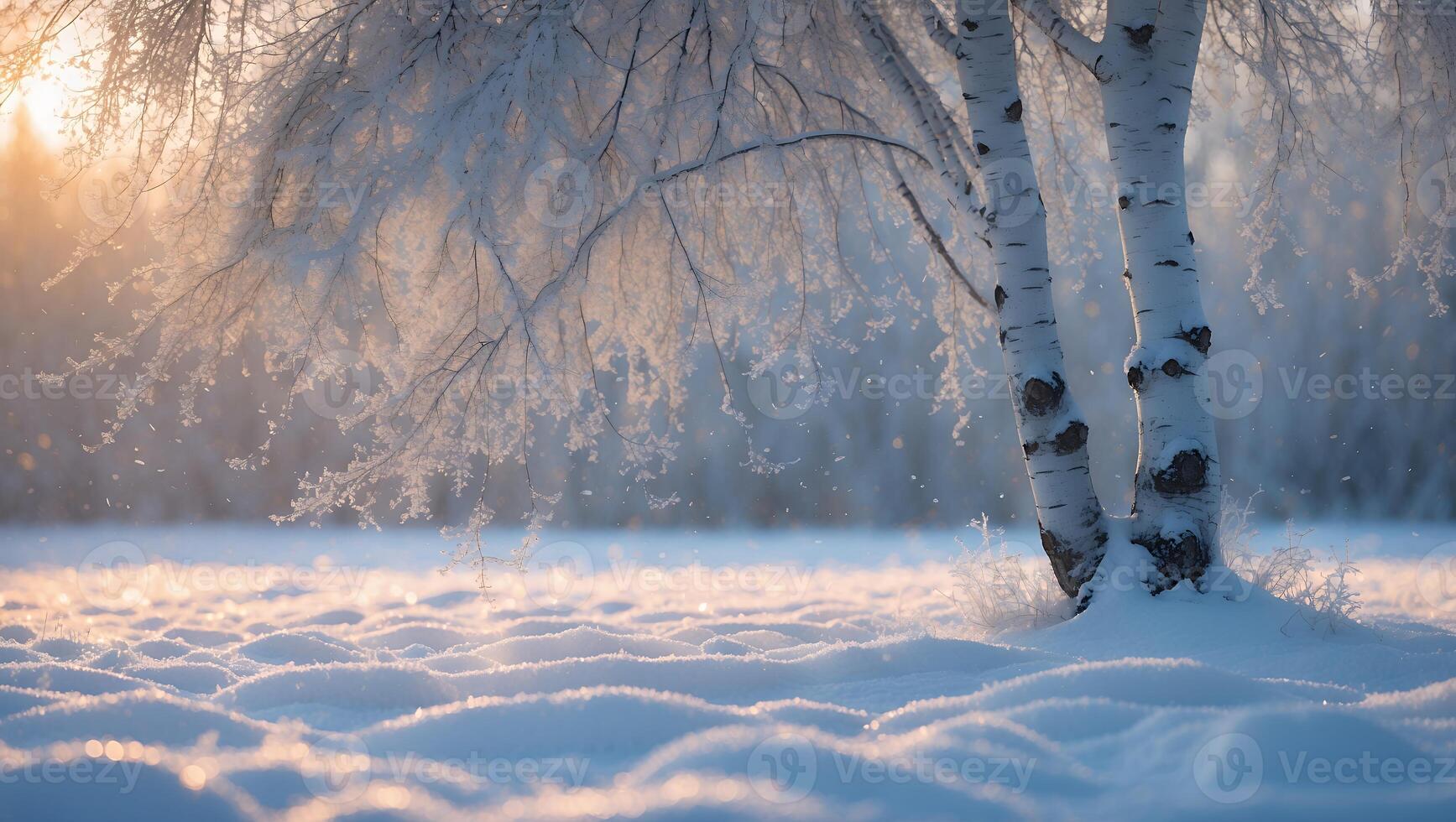 Birch Tree on Snowy Field Landscape at Sunset photo