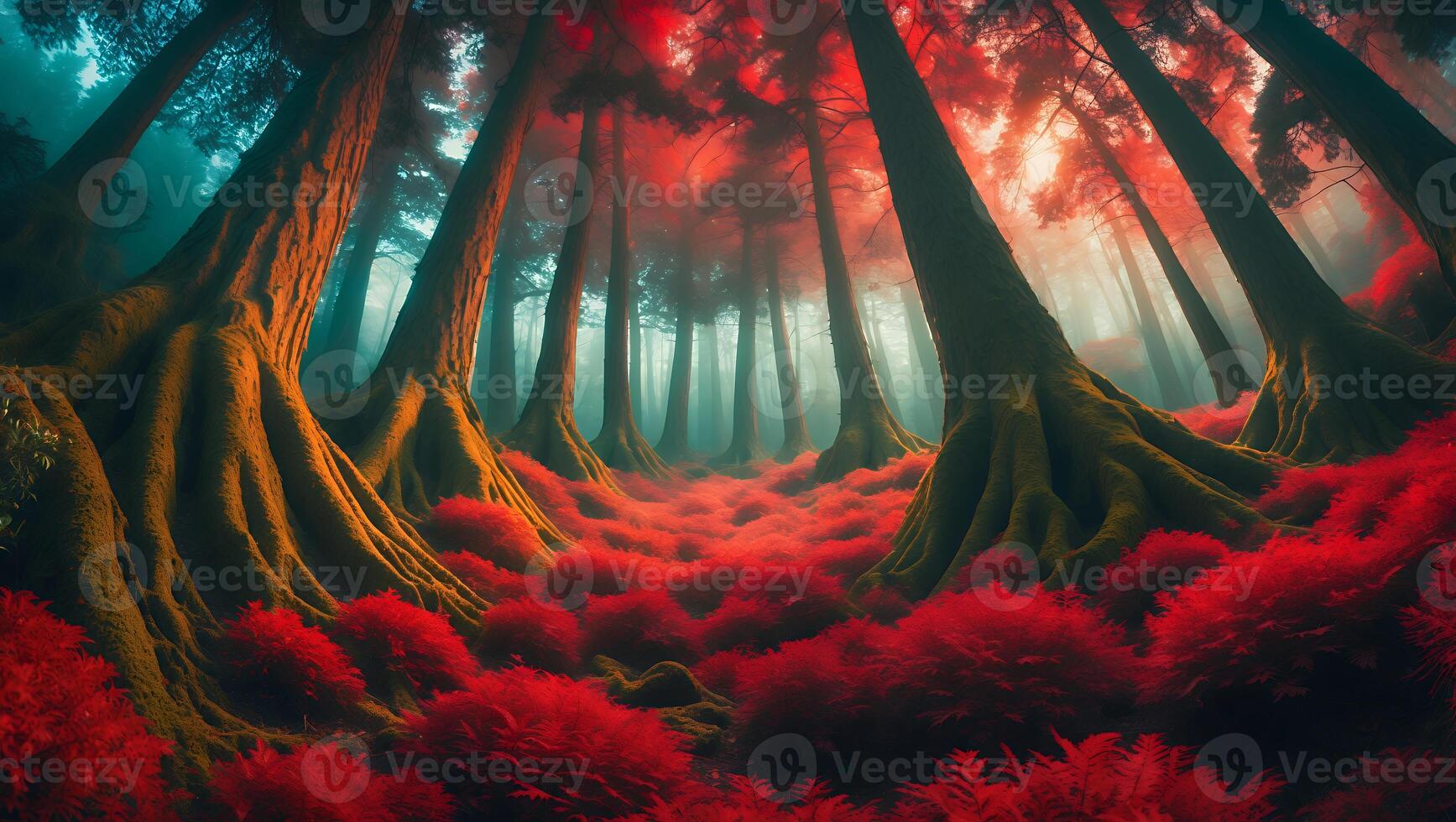 Red Forest with Tall Trees and Dense Undergrowth photo