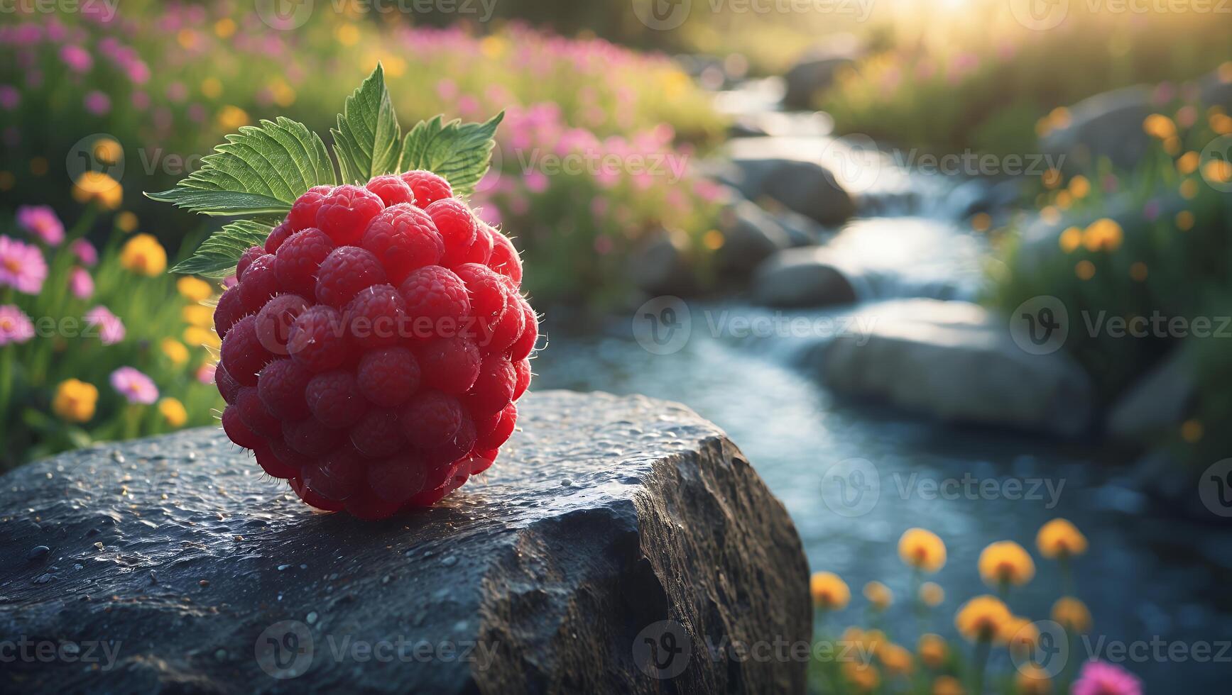 Fresh Raspberry on Rock by Stream and Wildflowers photo