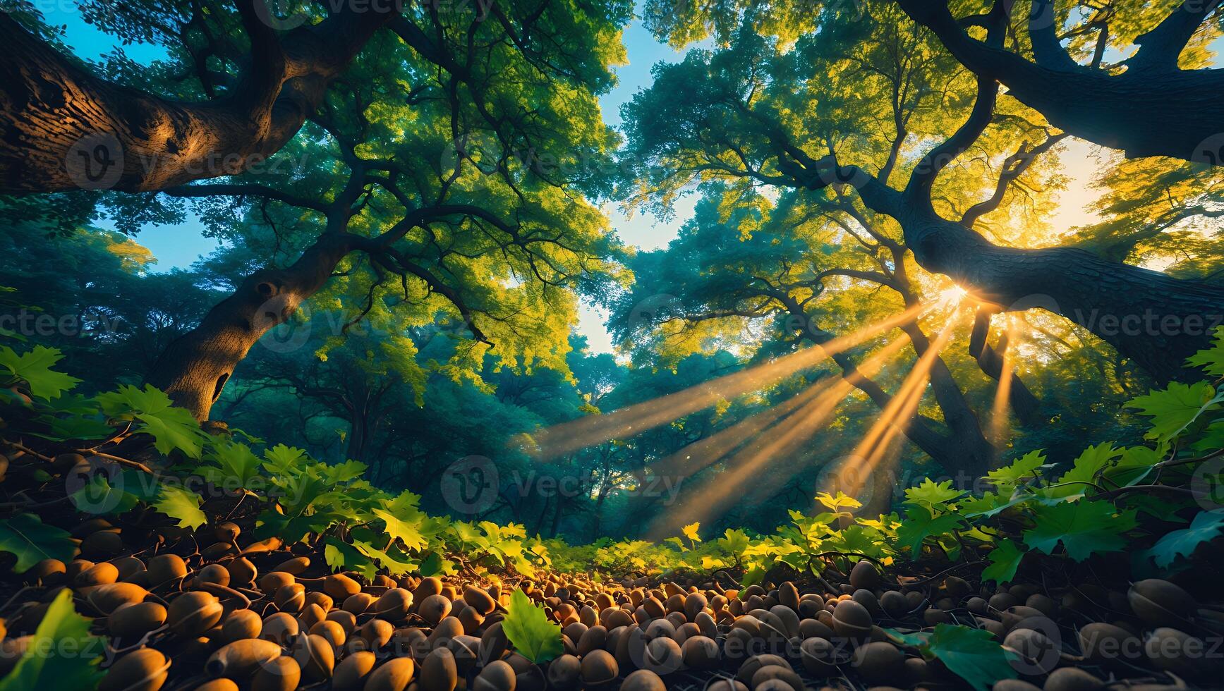 Forest Sunlight Acorns Green Canopy Tree Nature Light photo