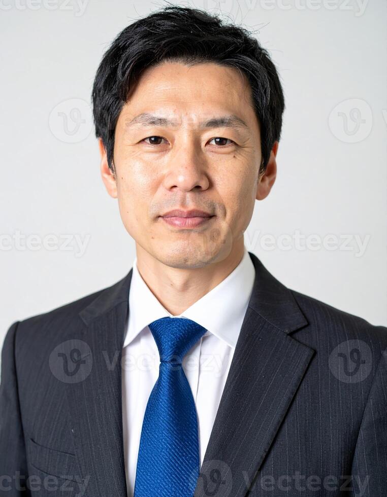 A professional portrait of a man in a dark suit and blue tie photo