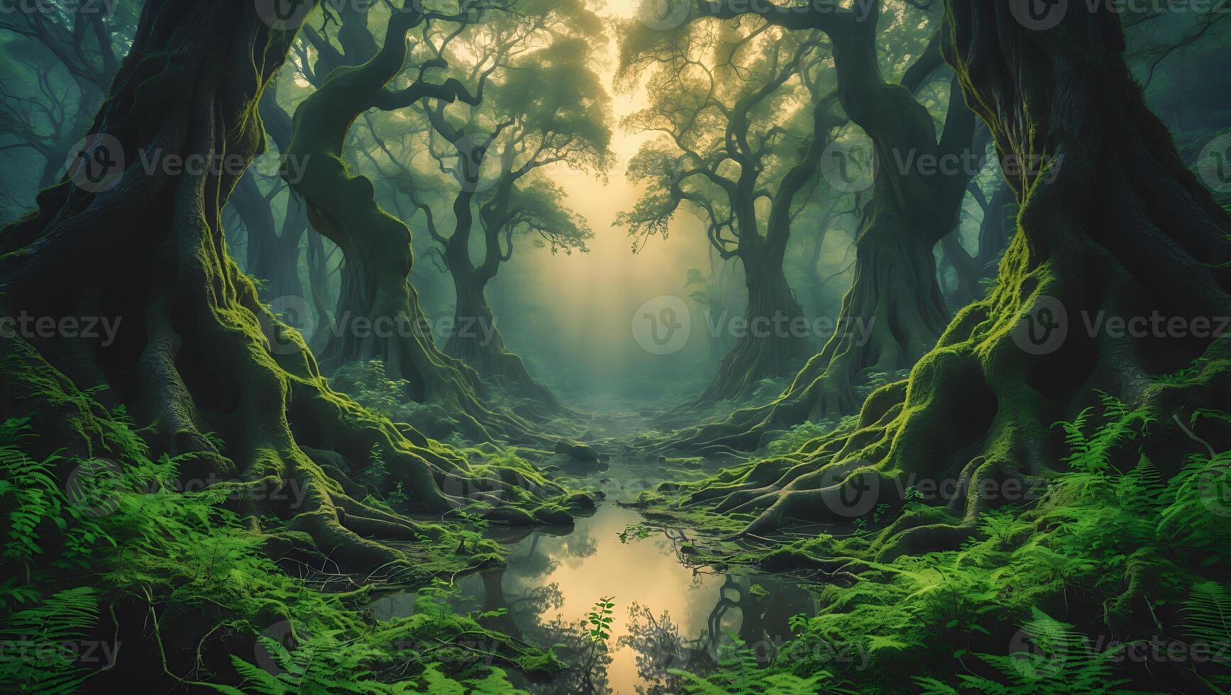 Enchanted Forest with Mossy Trees and Sunlight photo