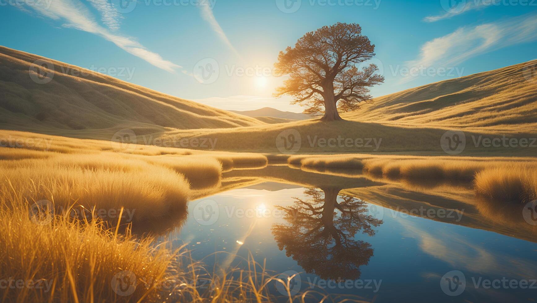 Tree Reflecting in Pond at Sunrise Golden Meadow photo