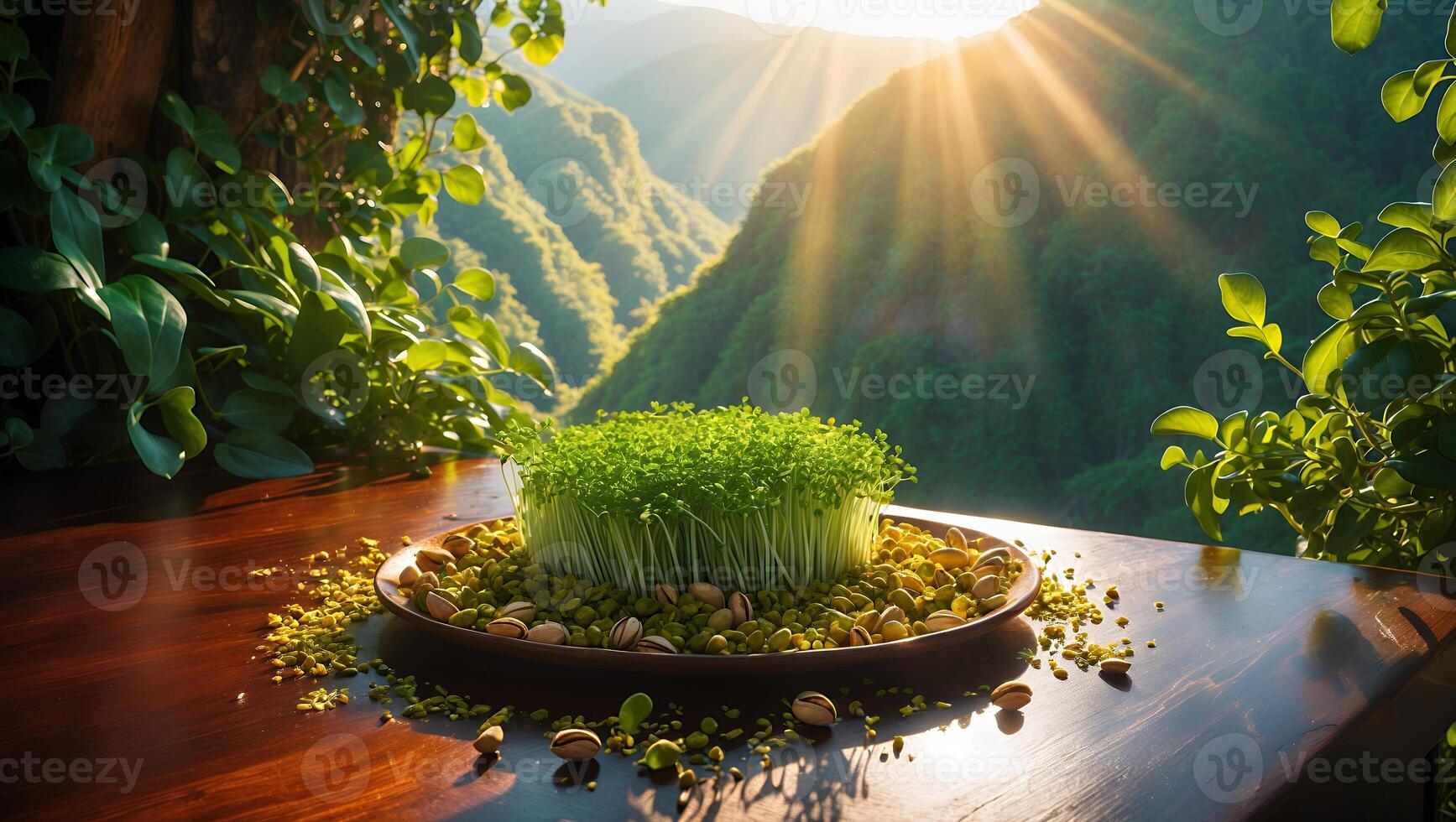 Sprout with Pistachio on Table Landscape Background photo