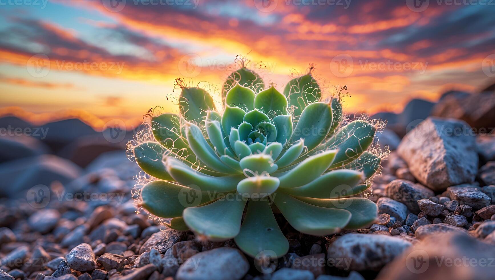Succulent Plant with Orange Sunset Sky in a Rocky Desert Landscape photo