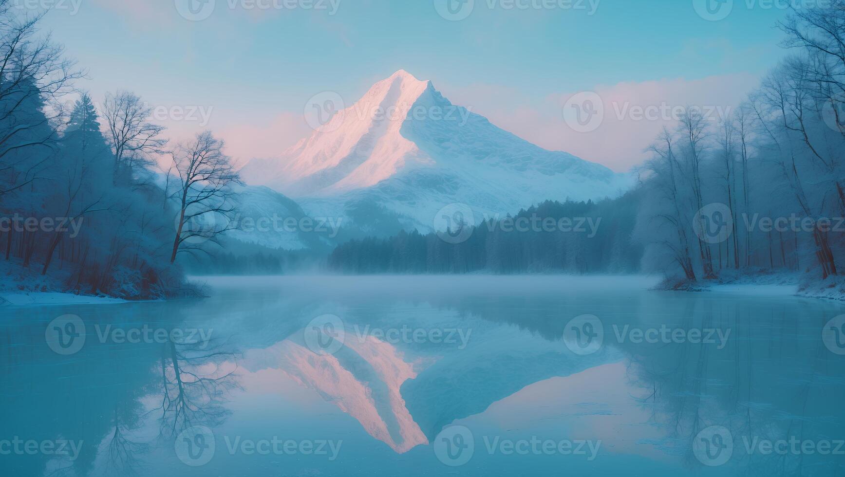Snowy Mountain Reflection on Calm Lake Surrounded by Forest photo