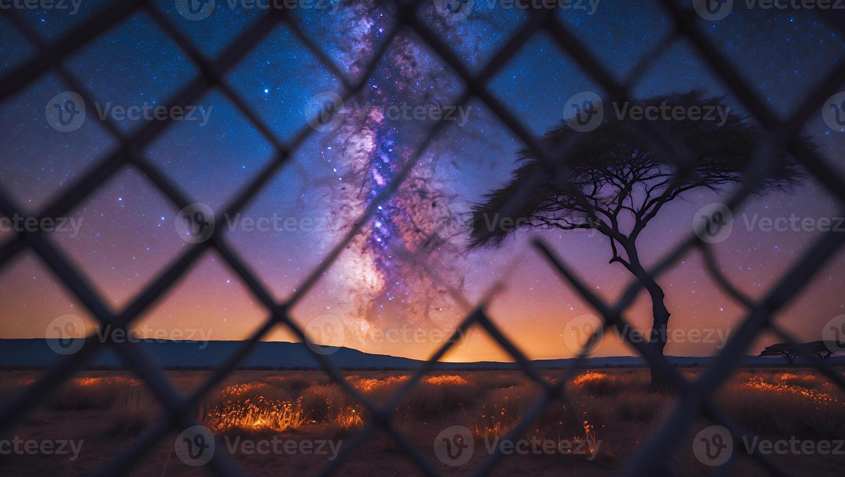 African Landscape with Tree and Milky Way Viewed Through Fence photo