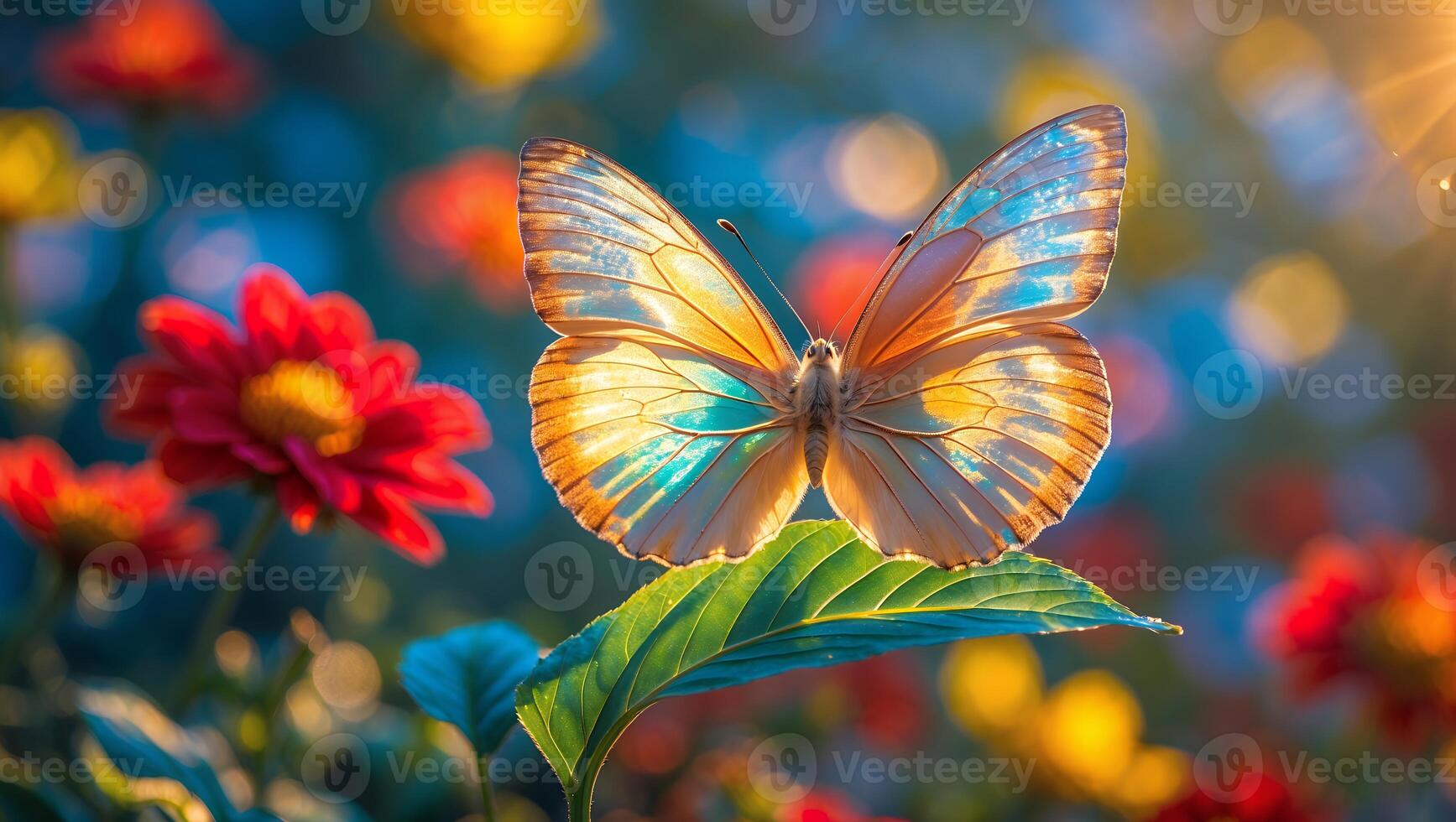 Butterfly Resting on Leaf with Colorful Flower Background photo