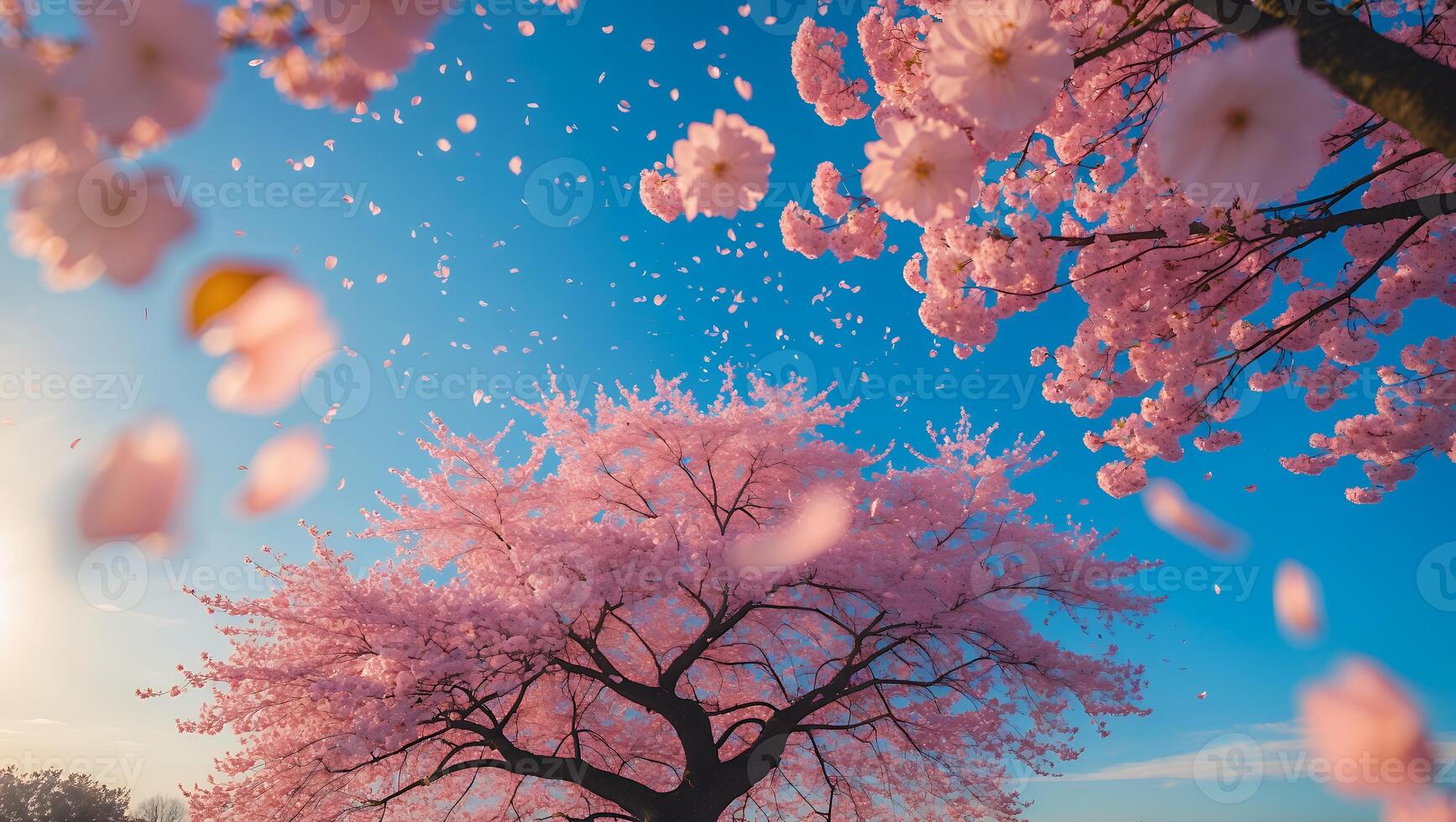 Pink Cherry Blossom Tree Blooming Against Blue Sky photo