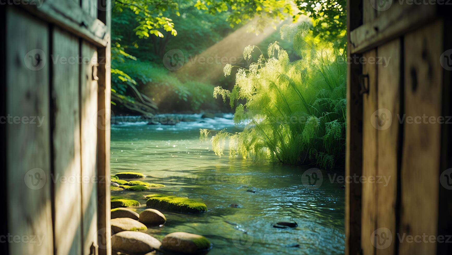 River Stream View Through Wooden Door with Sunlight photo
