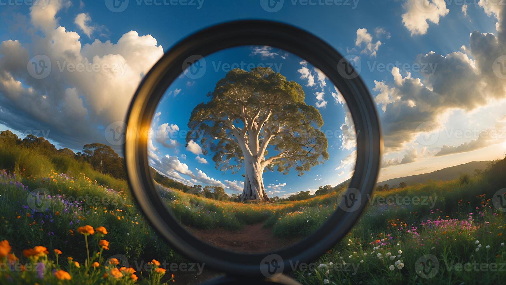 Large Tree Viewed Through a Lens in a Flower Meadow photo