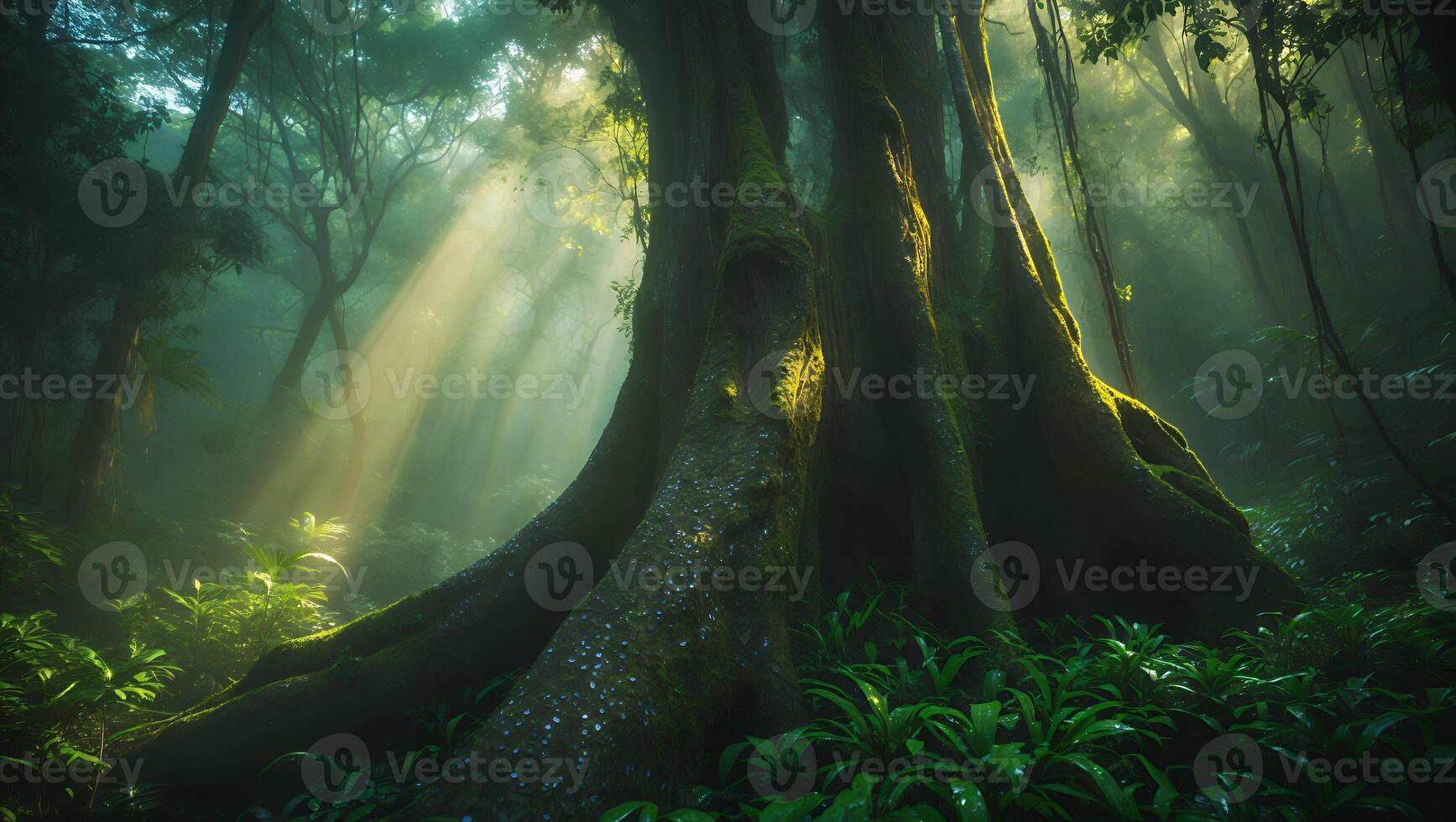 Lush Rainforest with Giant Tree and Sun Rays photo