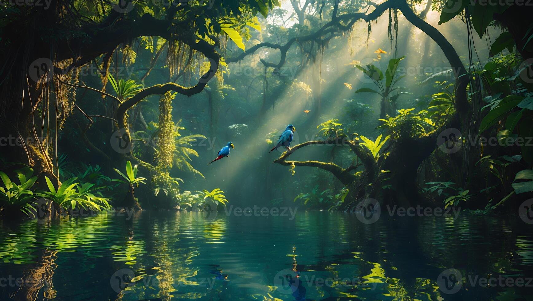 Tropical Birds in Jungle Pond with Sun Rays photo