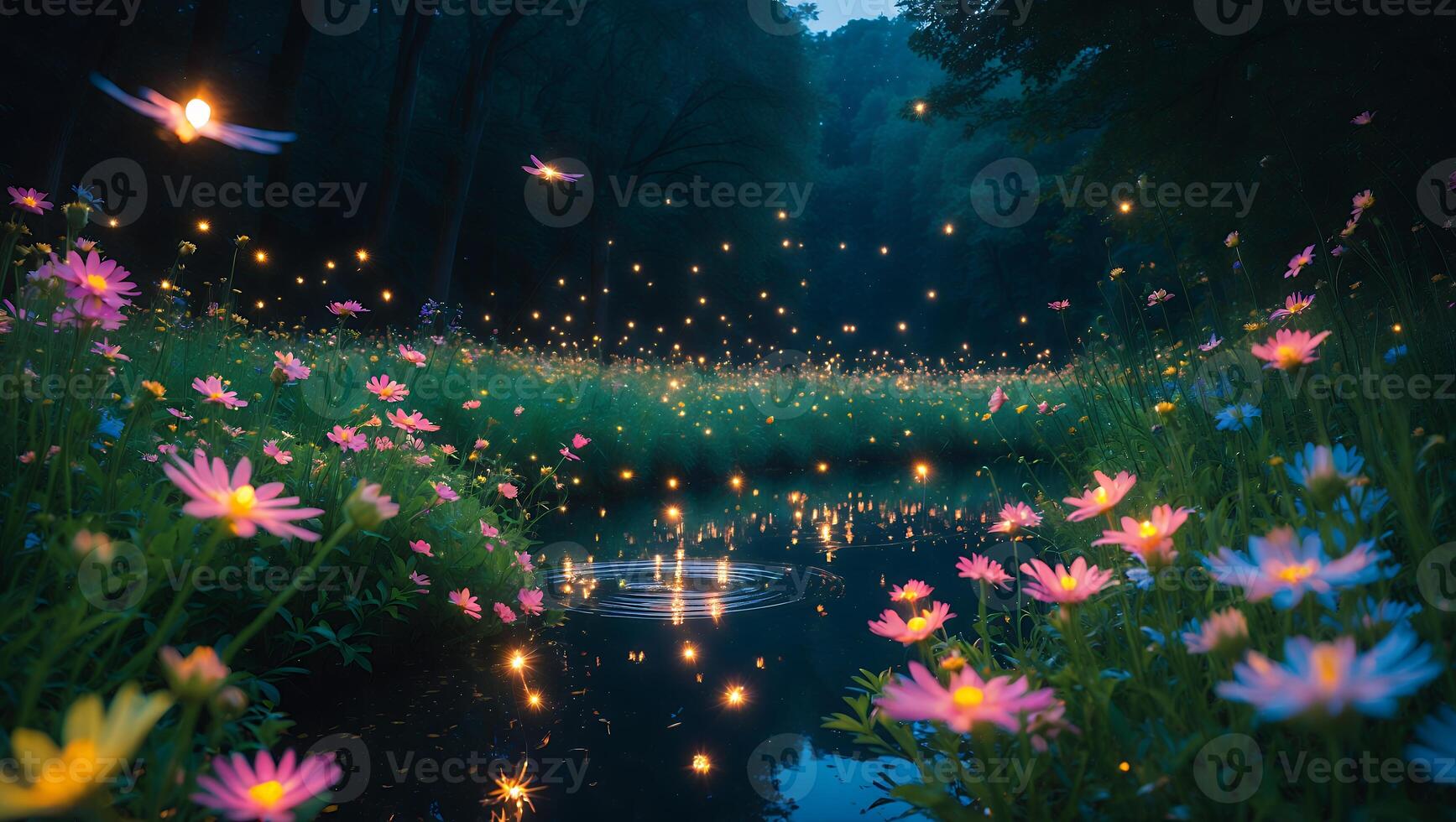 Fireflies and Flowers at Dusk photo