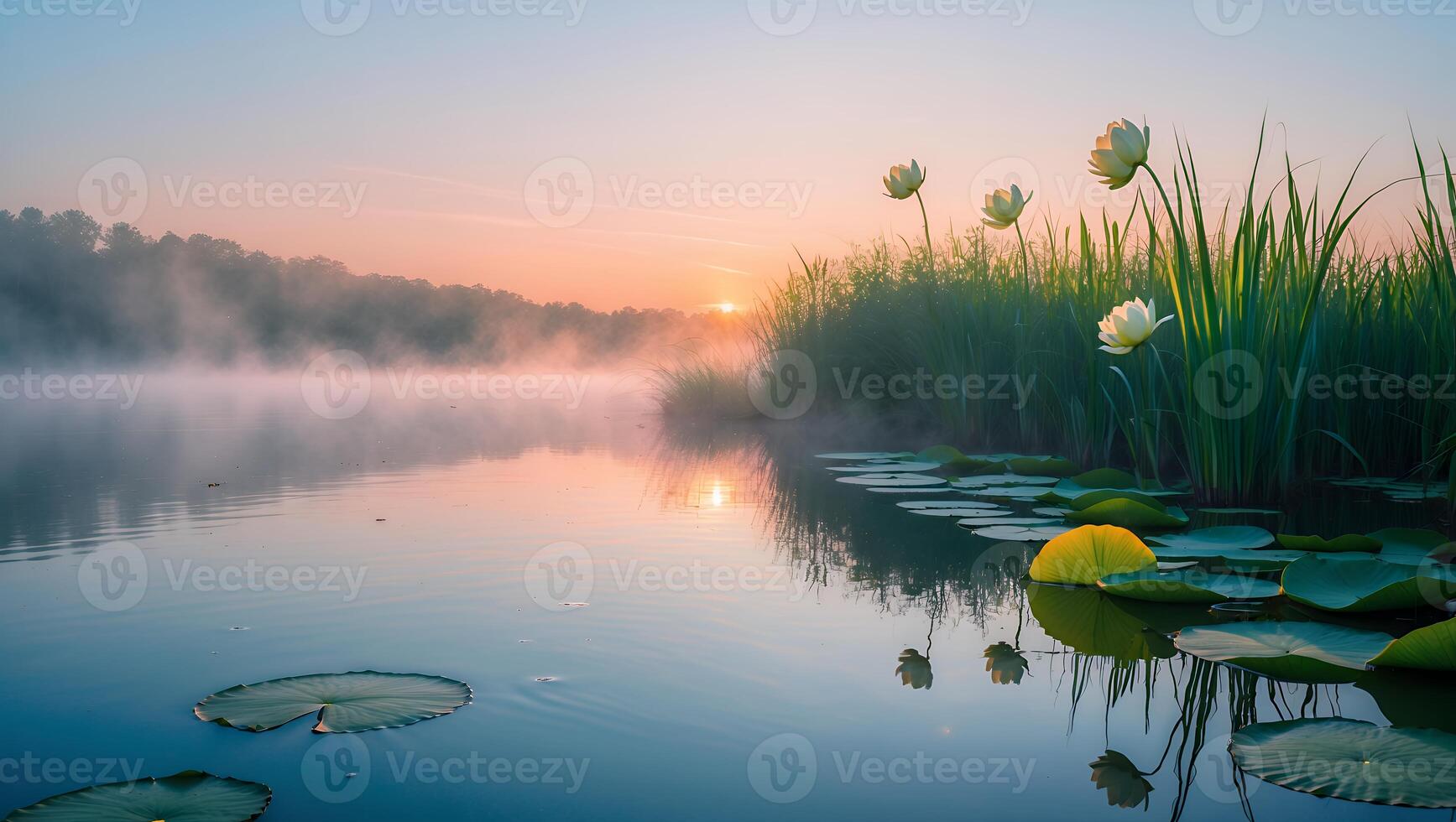 Water Lilies in Pond at Sunrise photo