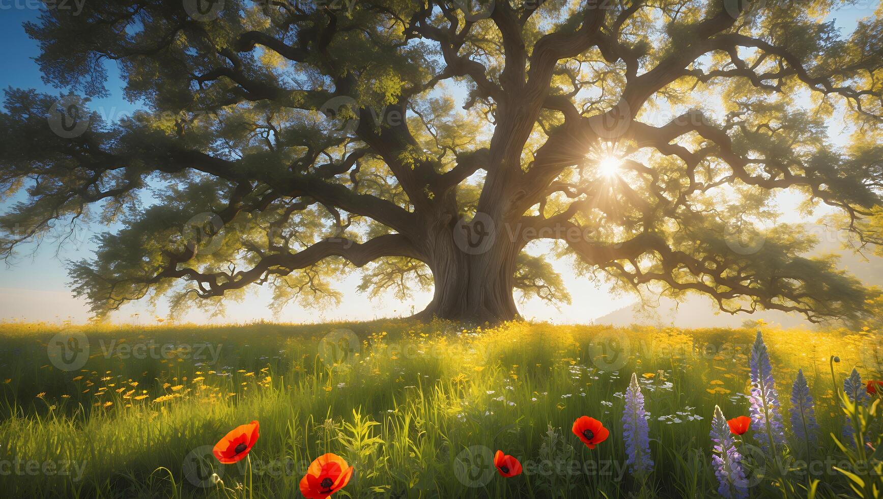 Landscape of a Large Tree in a Field of Wildflowers photo