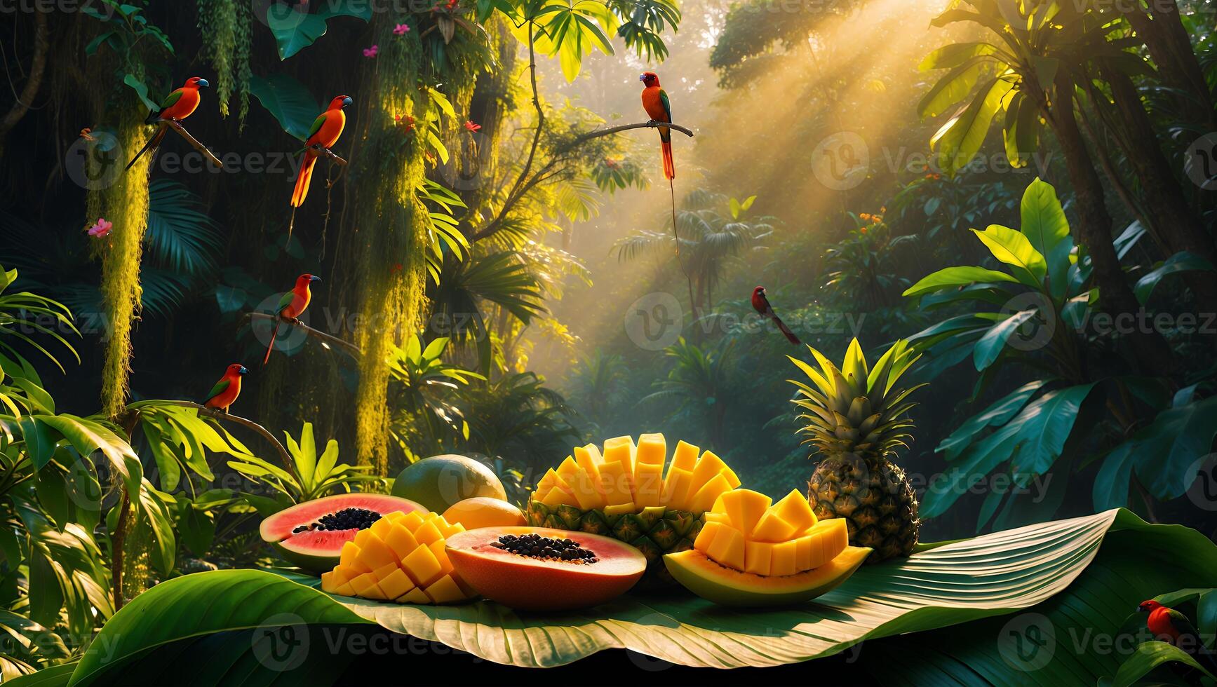 Tropical Fruit and Bird in Jungle photo