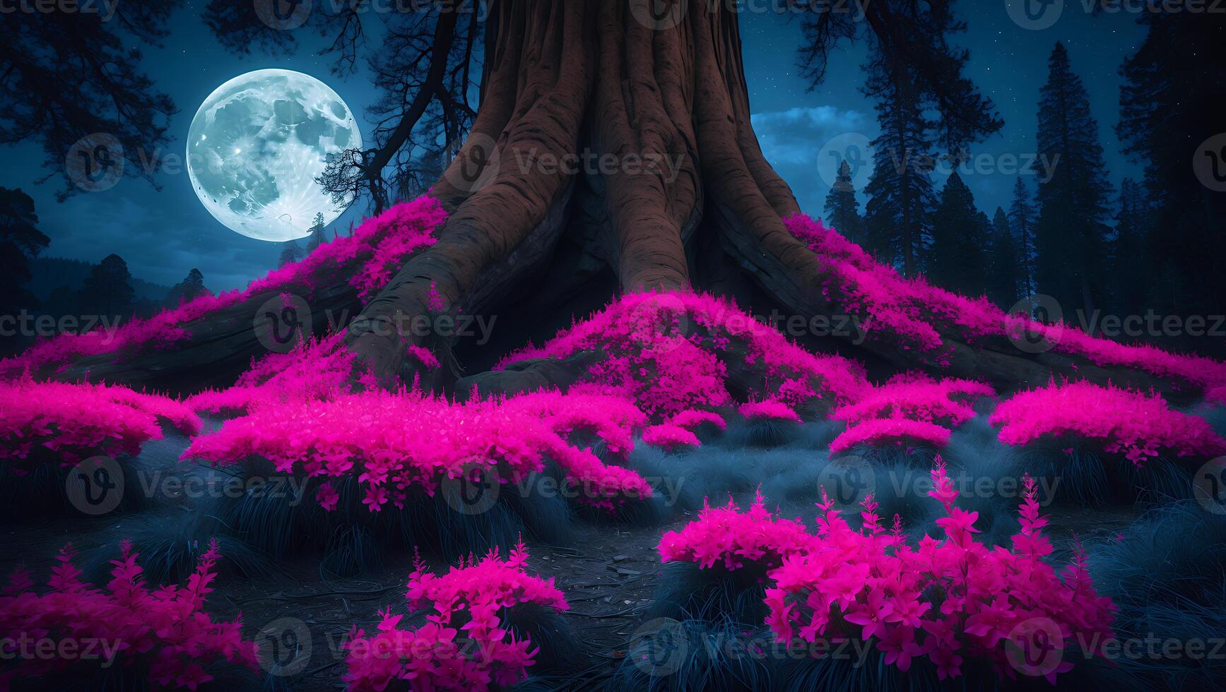 Giant Tree with Pink Bush and Moon at Night photo