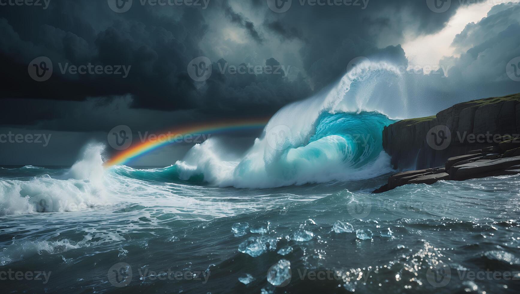 Large Wave Rainbow Cliff Dramatic Sky photo