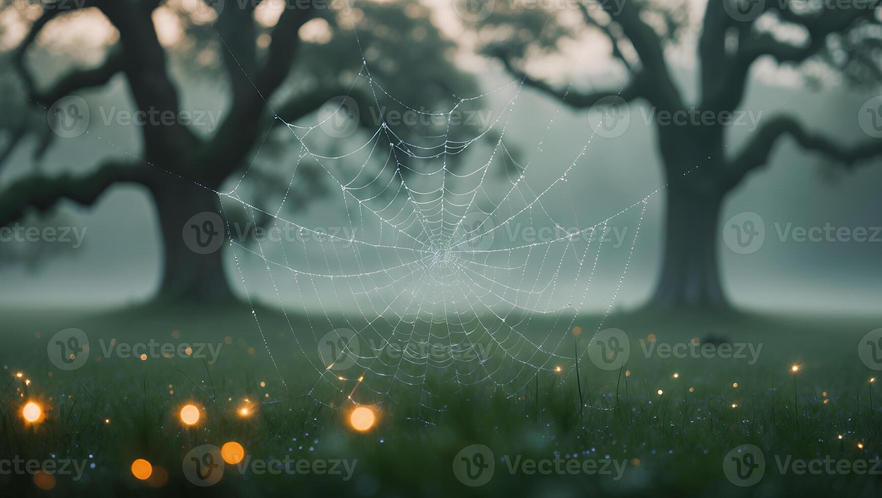 Spider Web Dew on Misty Meadow with Glowing Lights photo