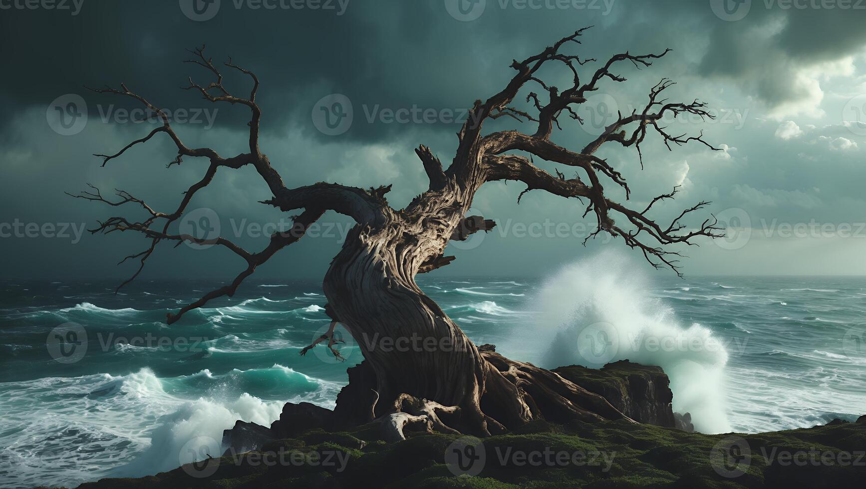 Lone Tree on Cliff with Stormy Ocean Waves in Dark Weather photo