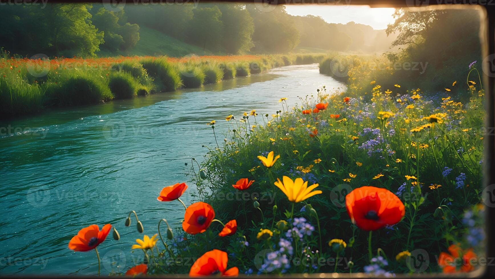 River and Wildflower Meadow Landscape photo